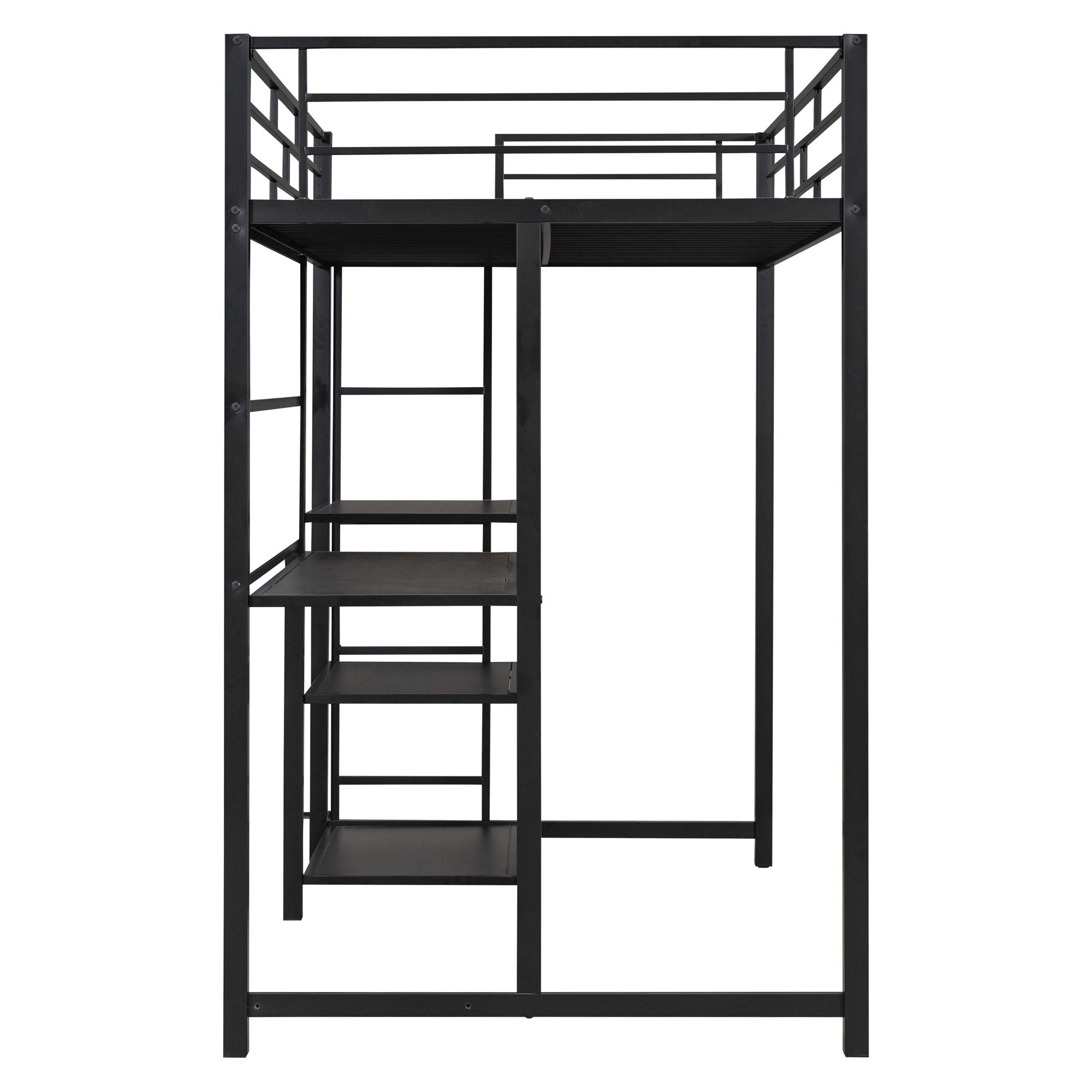 Metal Loft Bed With Desk, 3 Shelves And Ladder
