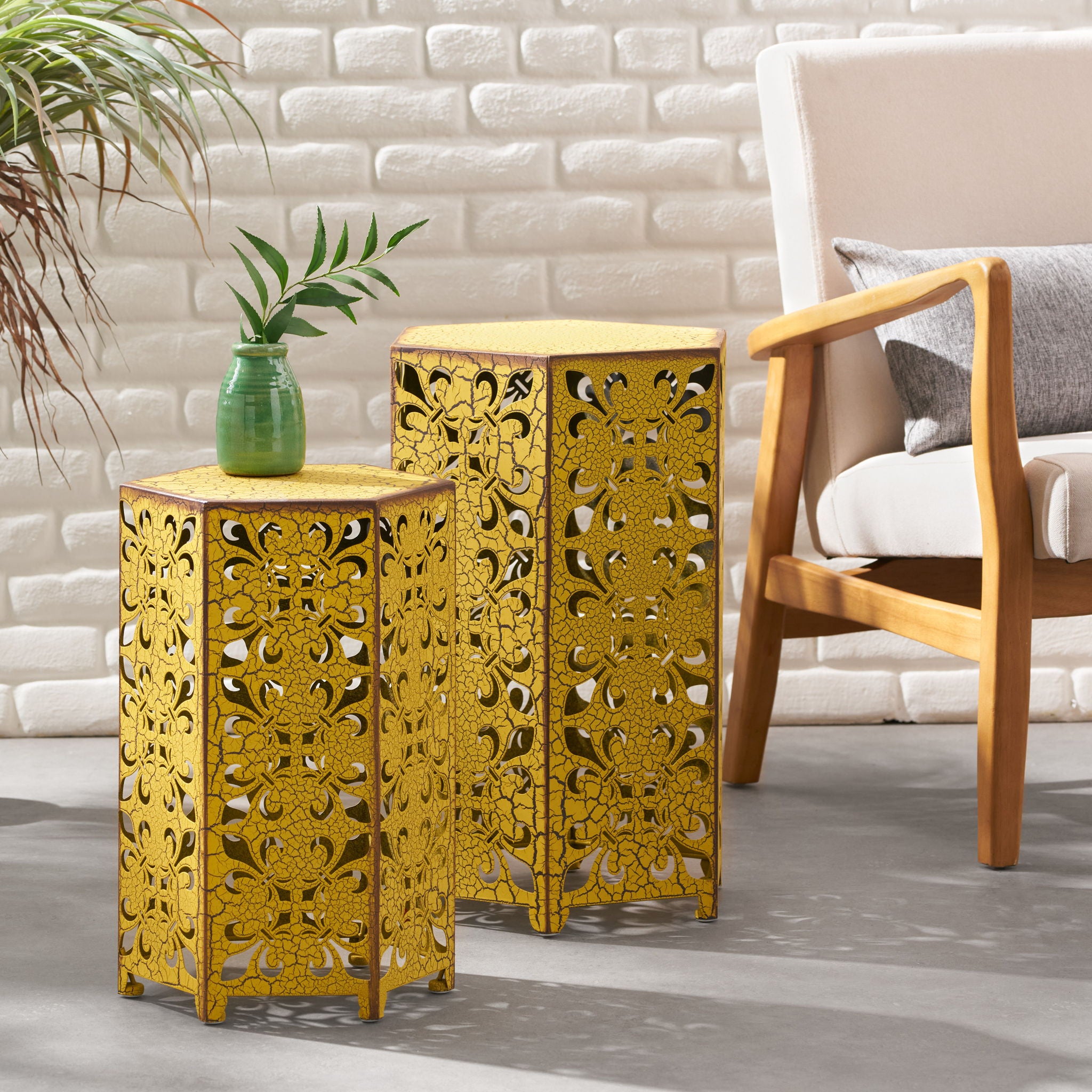 Outdoor Hexagonal Accent Table Set With Charming Fleur De Lis Panel Sides - Antique Yellow