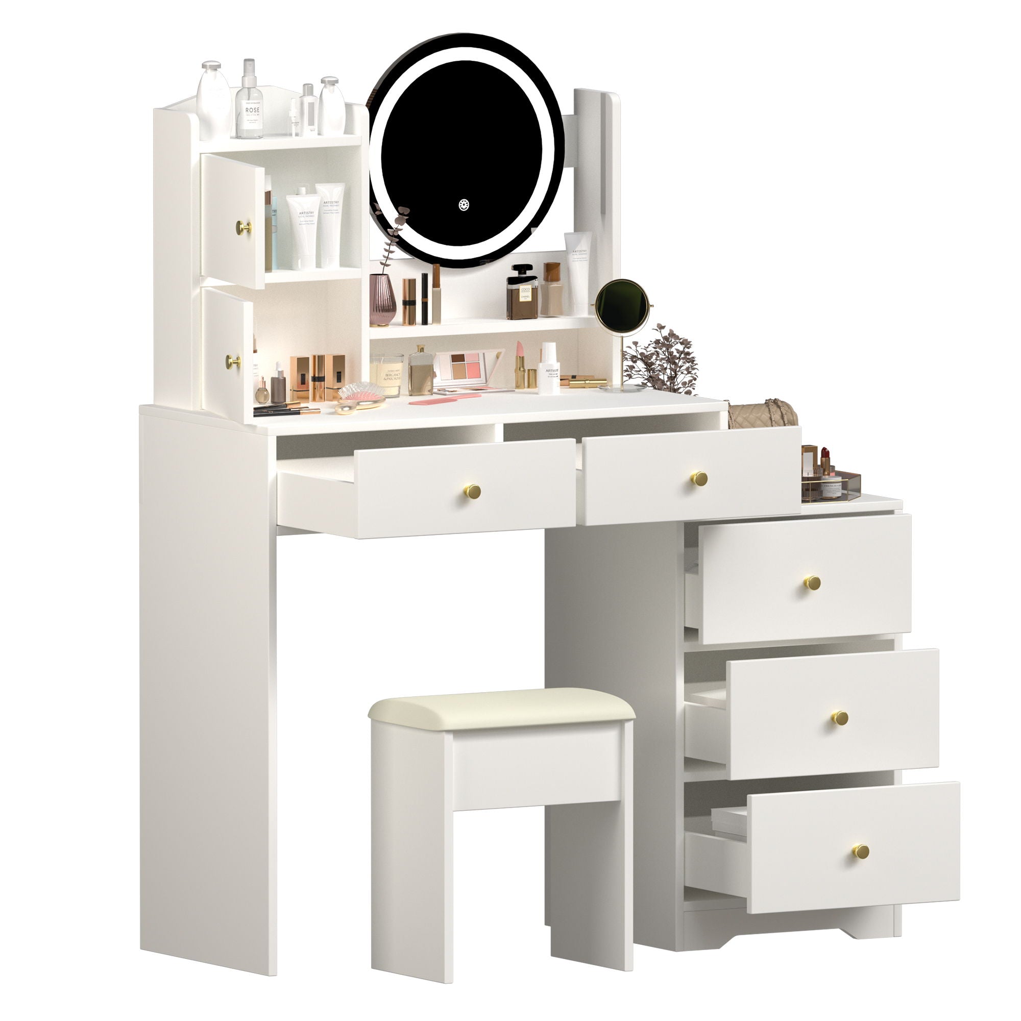 Fashion Vanity Desk With Mirror And Lights For Makeup And Cushioned Chair, Adjustable 3 Color Lighting - White