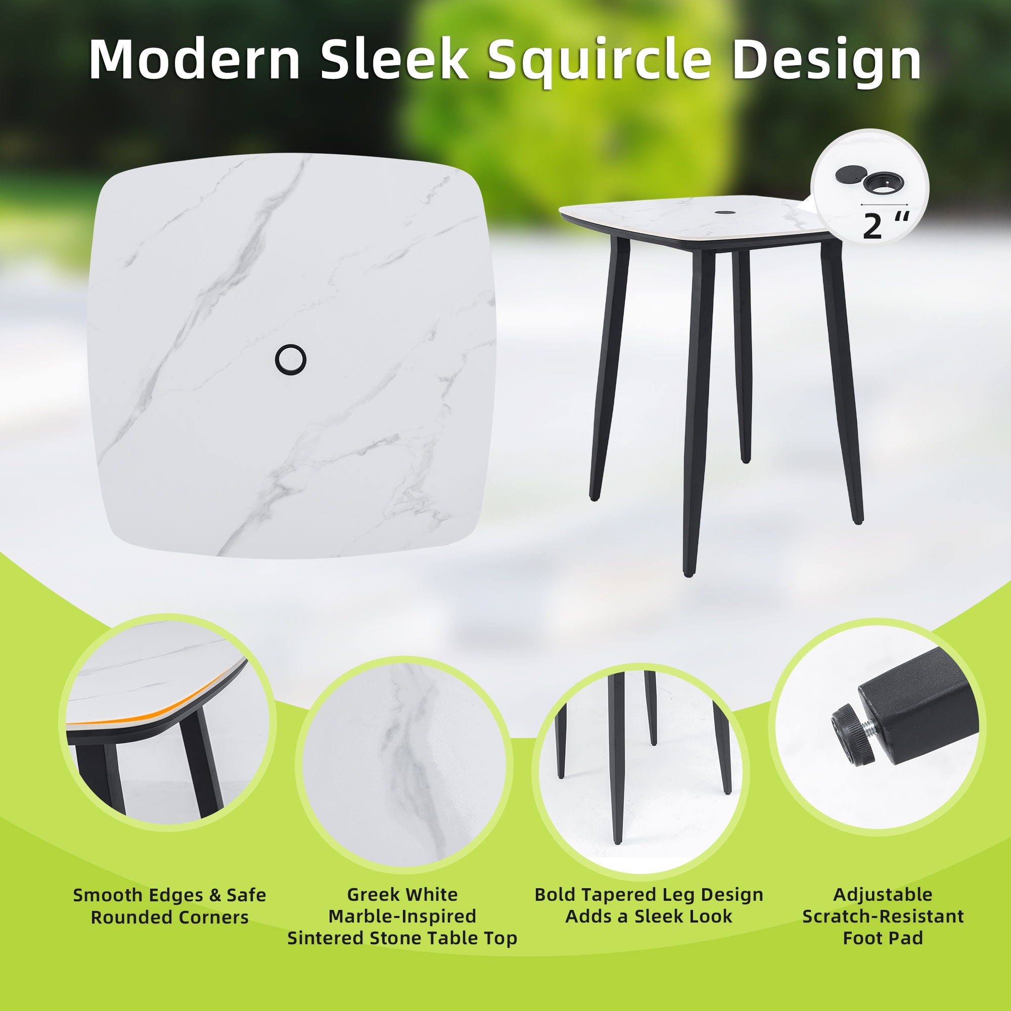 Modern Outdoor Bar Table, Rounded Square Sintered Stone Top With Umbrella Hole, Rust Free Frame, Weatherproof - Ember Black / White