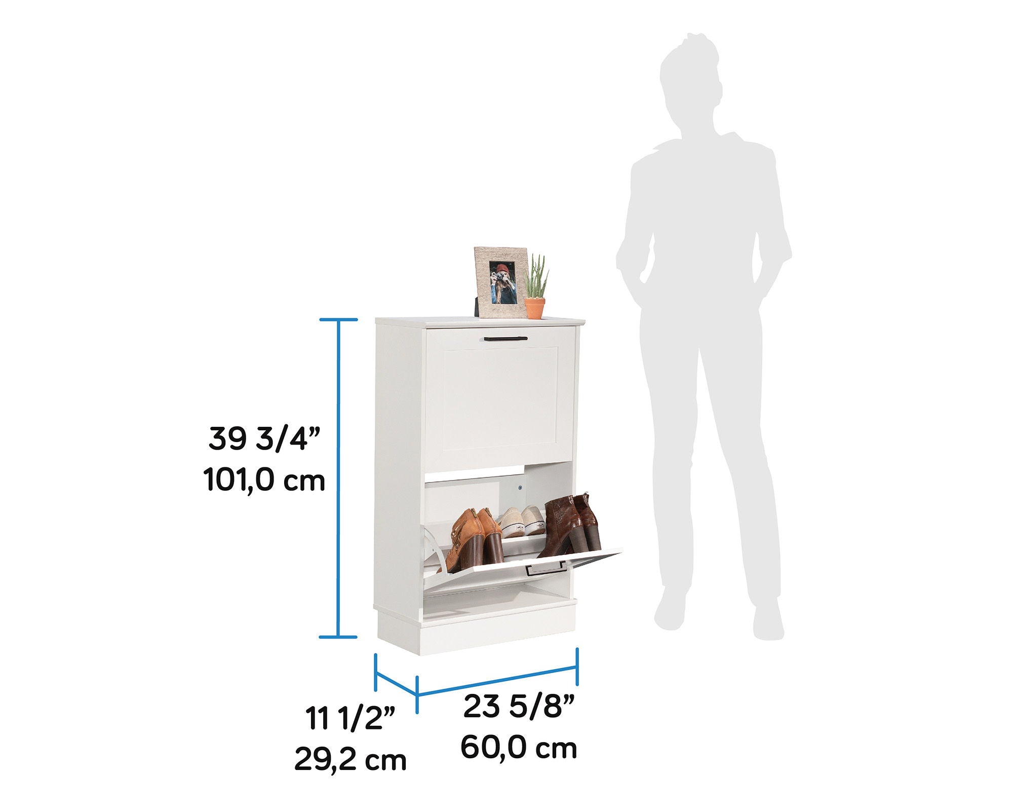 Narrow Shoe Cabinet with Flip Door in White