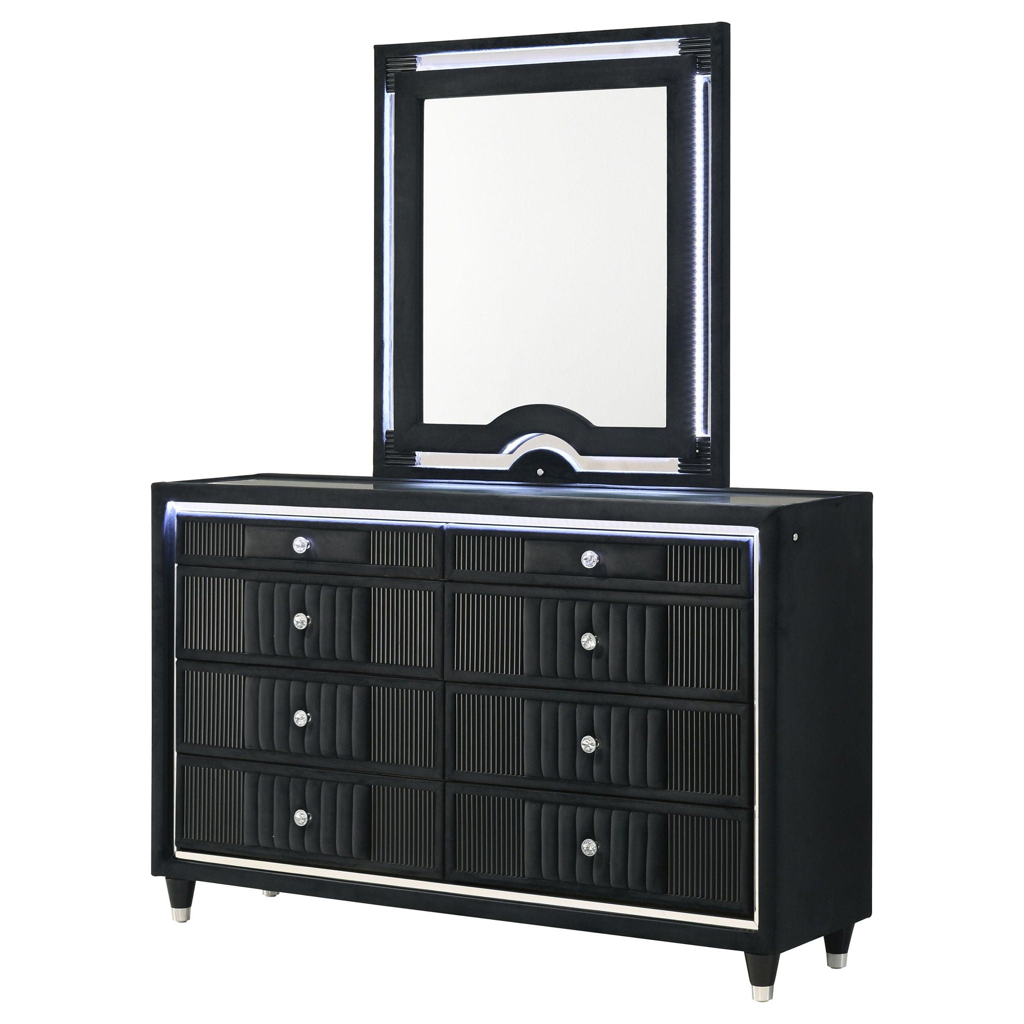 Ravenne 8-drawer Velvet Upholstered LED Dresser and Mirror Black