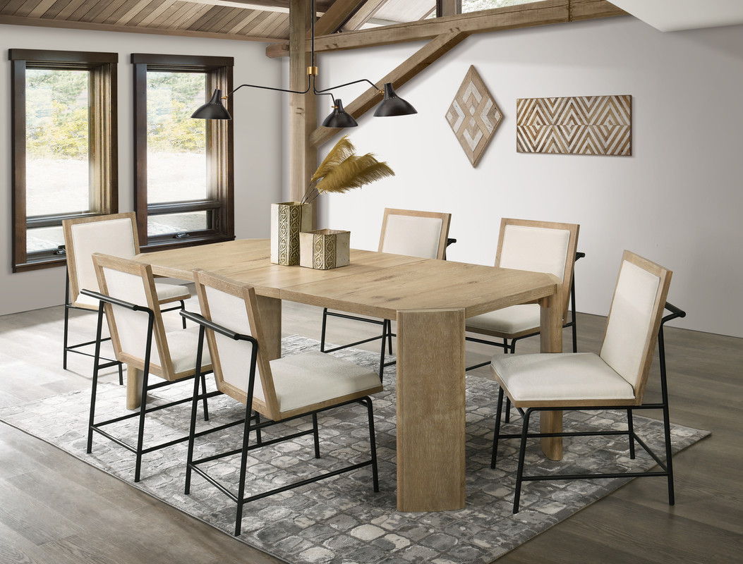 Magnus 66" Oak Finish Extendable Rectangular Dining Table Set with Cream Color Upholstered Chairs
