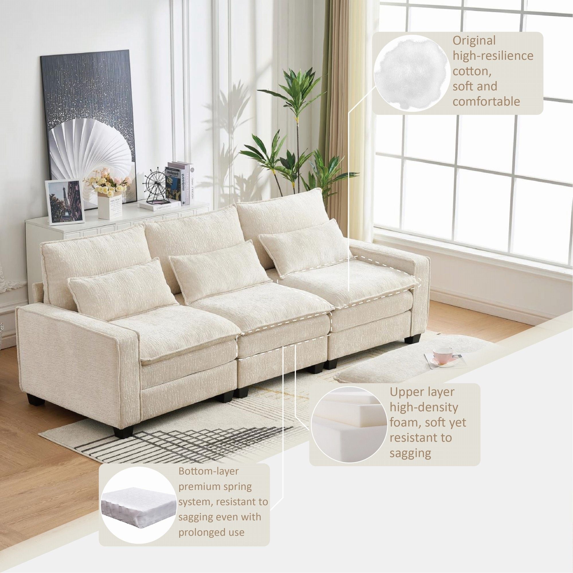 Modern Comfy Chenille L Shaped Sectional Sofa With Movable Ottoman