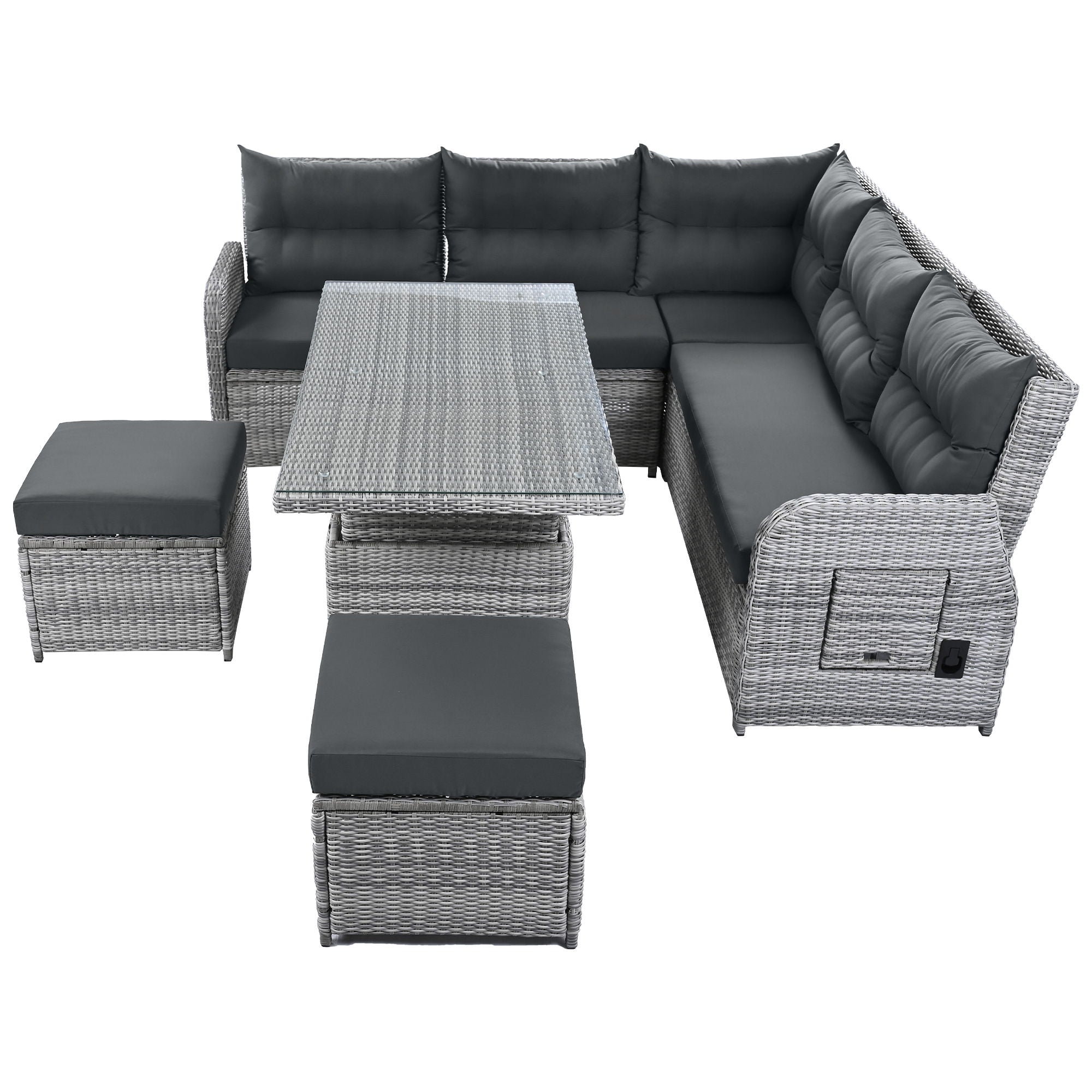 Outdoor Furniture Set Patio Rattan Furniture Set With Adjustable Table, Recliners With Extendable Side Tables And 2 Ottomans