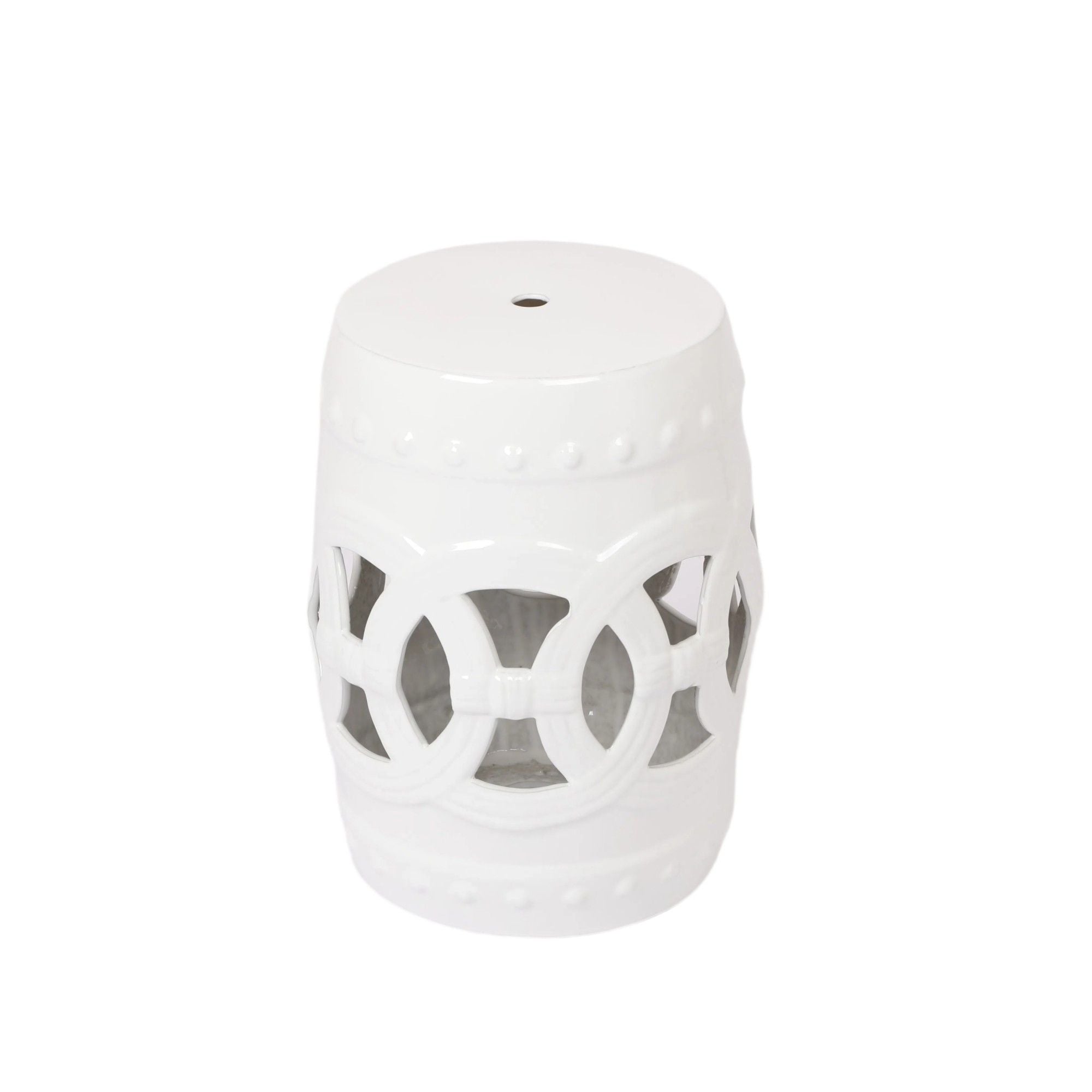 Elegant Glazed Ceramic Drum Stool Indoor / Outdoor Side Table Accent Garden Stool - White