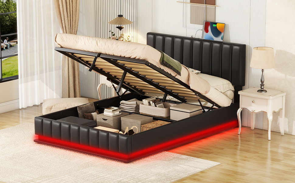 Upholstered Bed With Hydraulic Storage System And LED Light, With Sockets And USB Ports