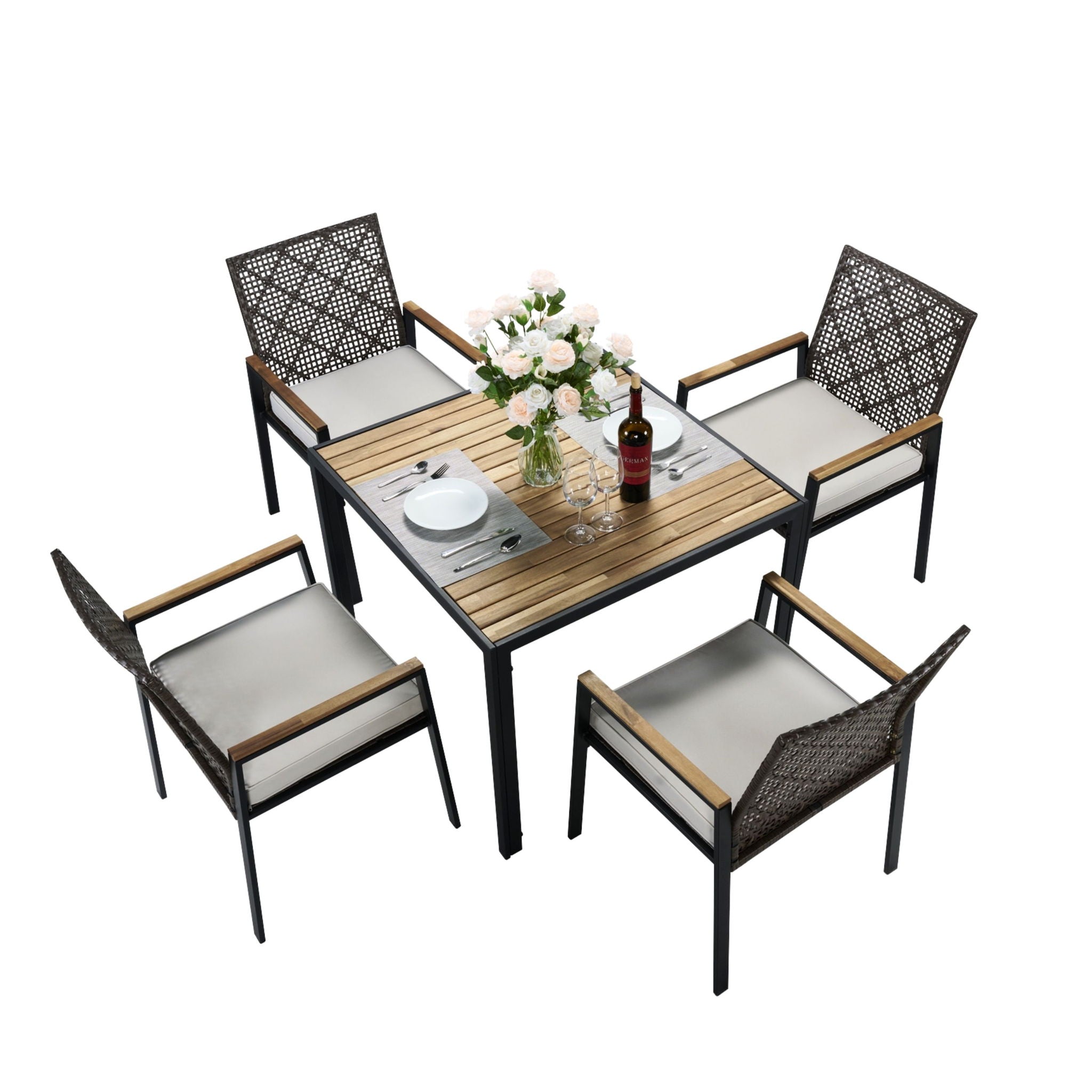 5 Piece Patio Dining Table Set, Acacia Wood Table Top With Umbrella Hole
