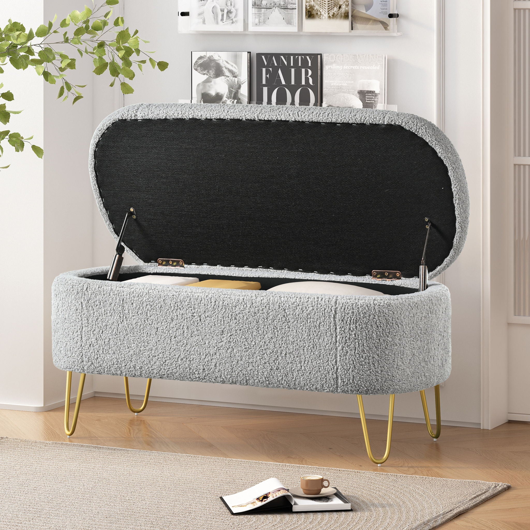 Upholstered Oval Storage Bench For Living Room