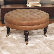 Buffalo - Leather Round Ottoman With Castor Legs - Brown
