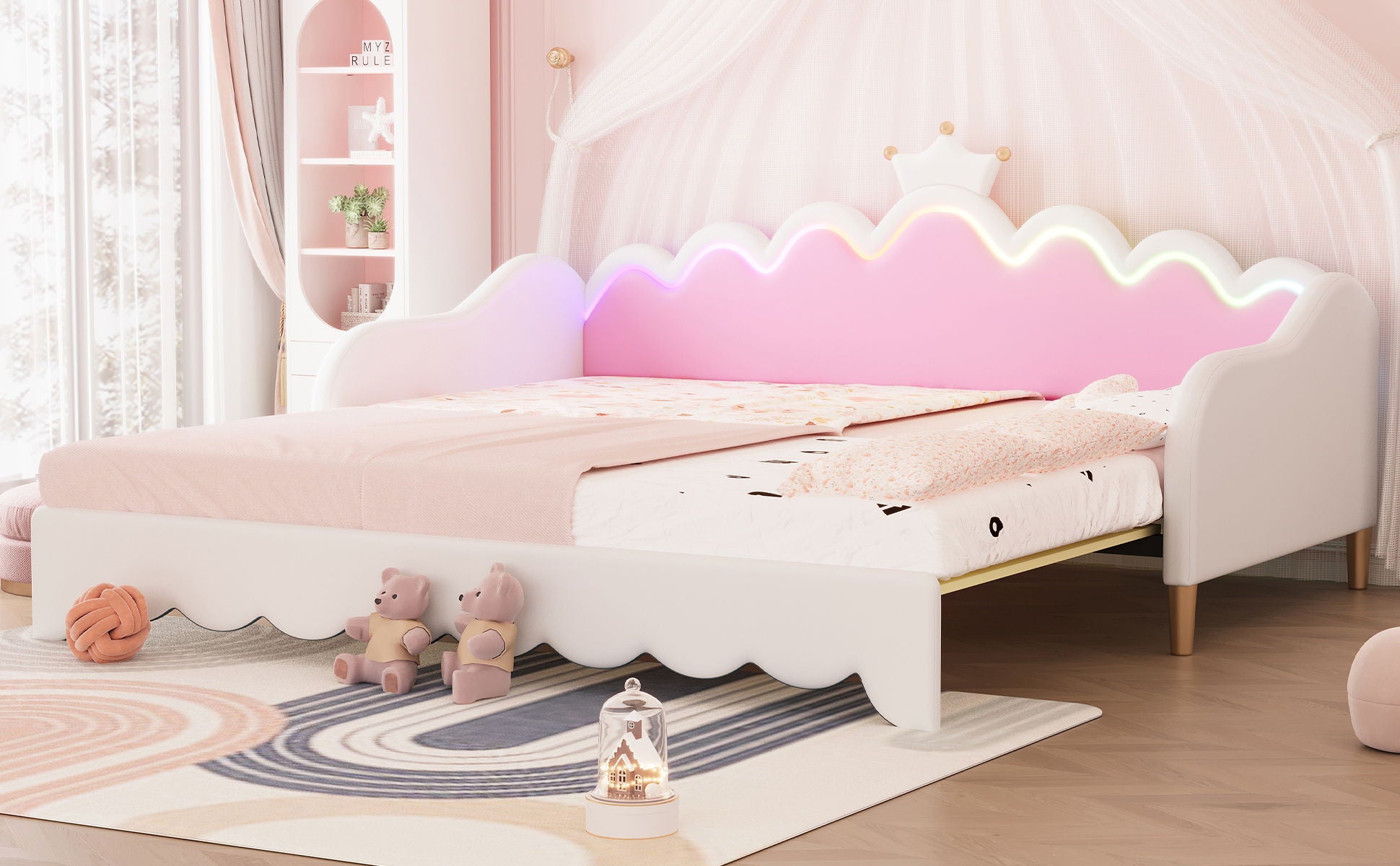 Extending Daybed With LED Lights, Modern Upholstered Princess Daybed With Crown Headboard