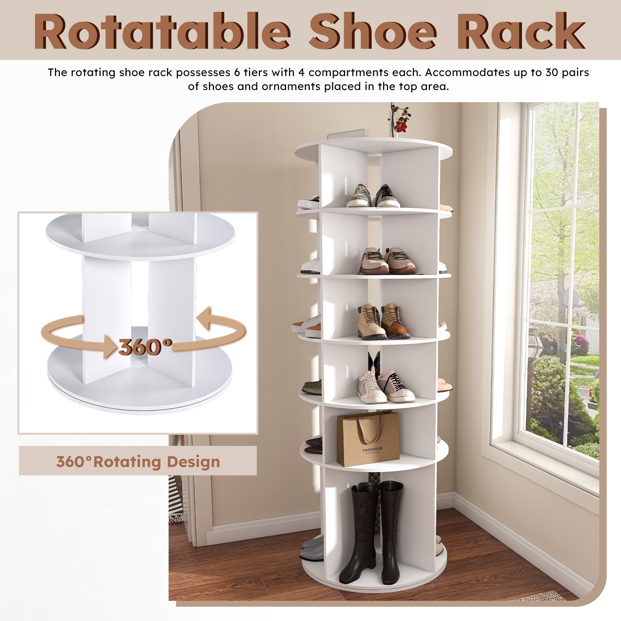6 Tier Spinning Shoe Rack, Free Standing 360° Revolving Shoe Organizer - White