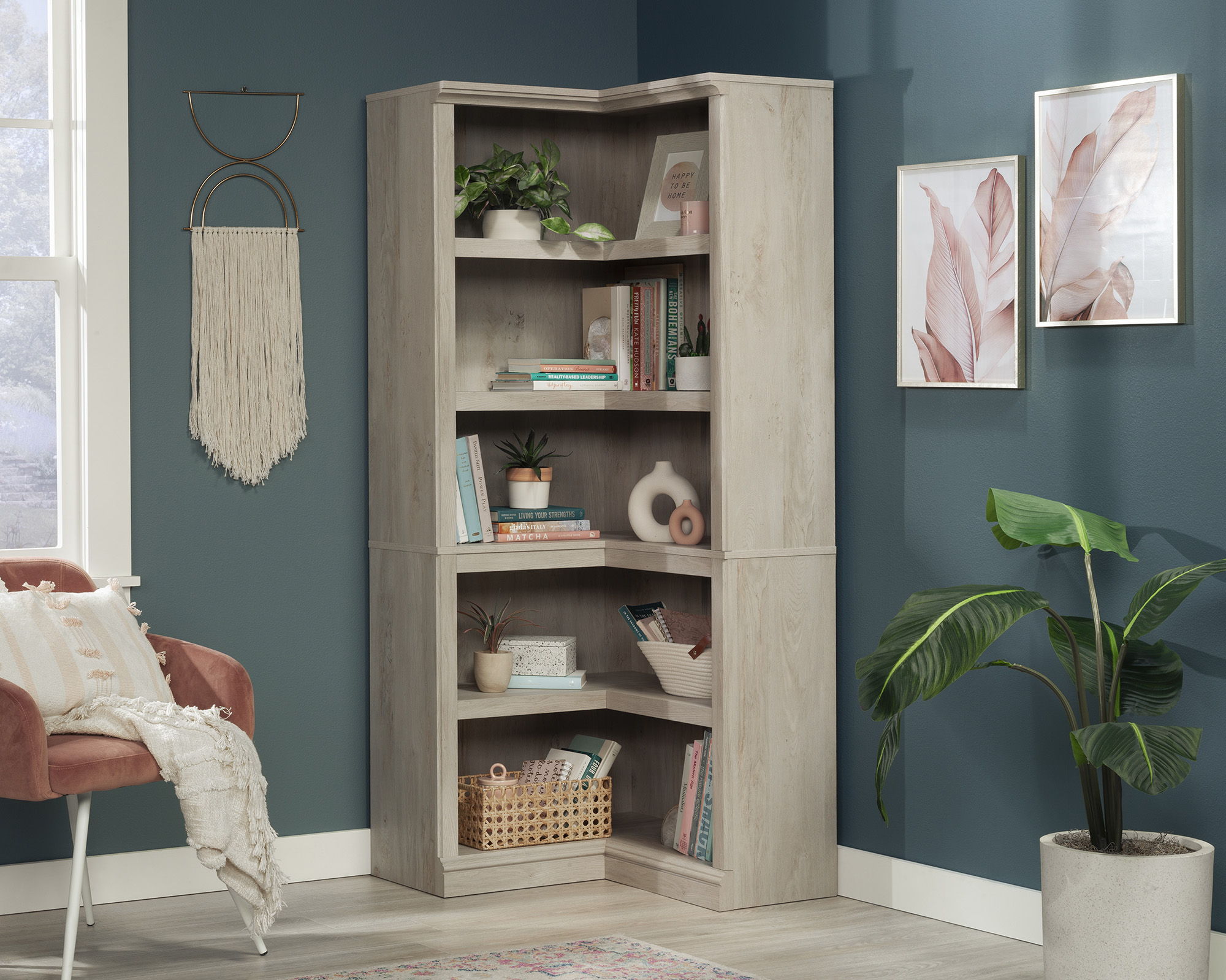 5-Shelf Corner Bookcase in Chalked Chestnut