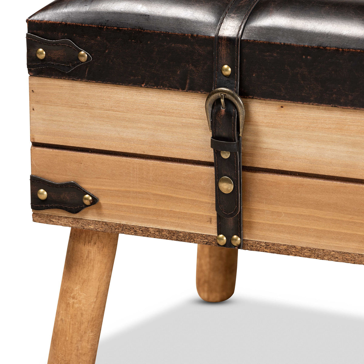 Amena Rustic Transitional Dark Brown PU Leather Upholstered and Oak Finished Wood Small Storage Ottoman