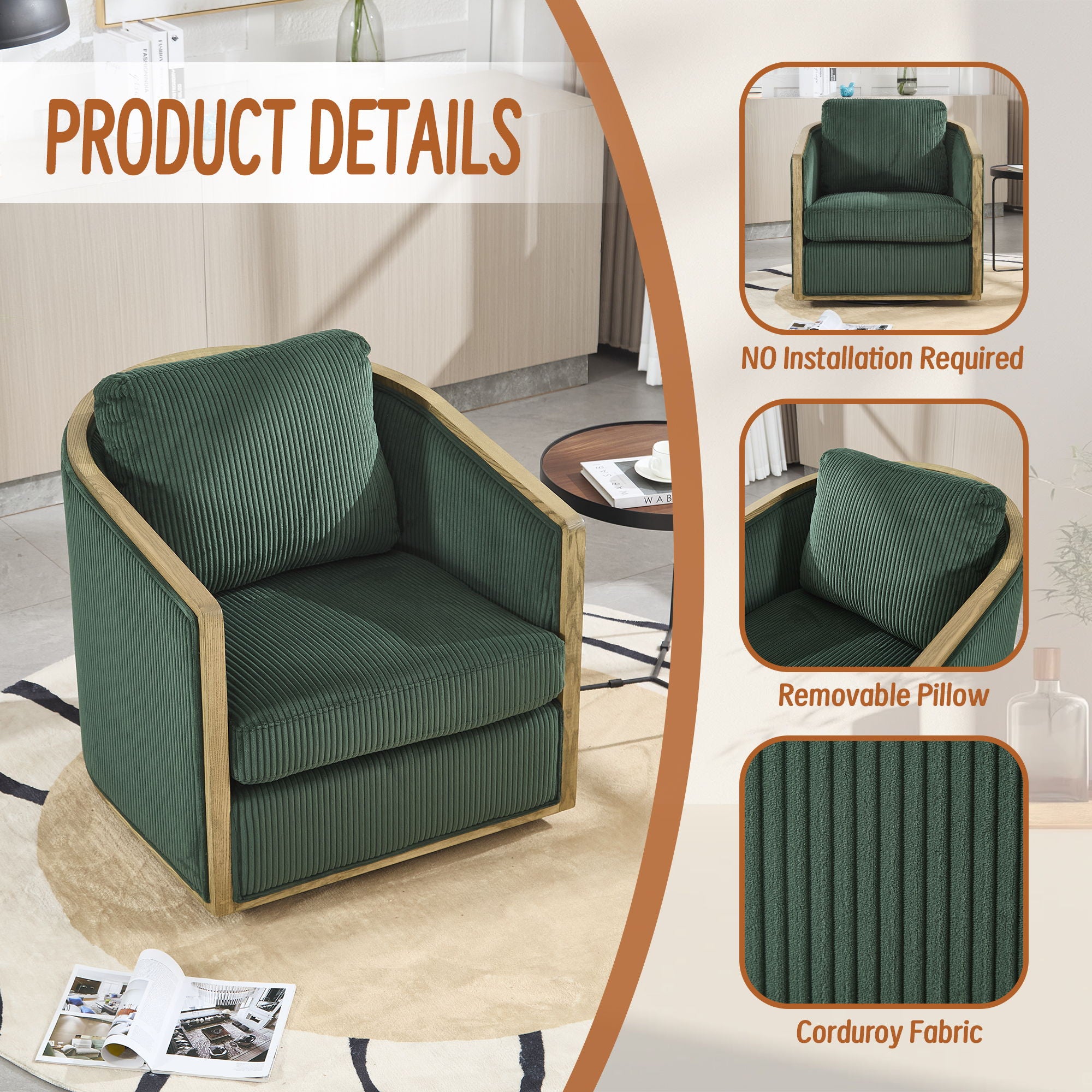Corduroy Barrel Chair, 360 Degree Swivel