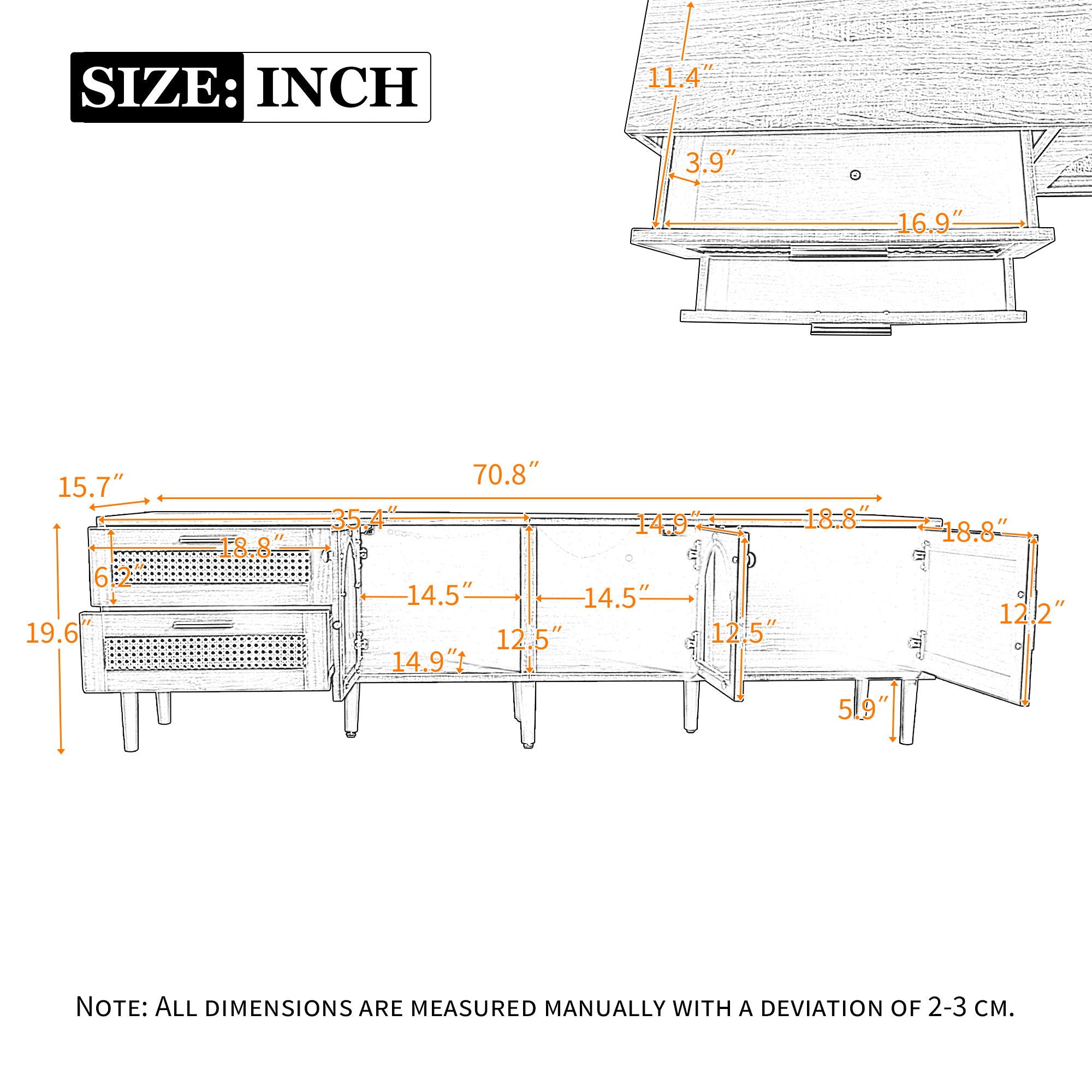 Rattan TV Stand With 3 Cabinets & 2 Drawers, Rattan-Inspired Media Console Table For Tvs Up To 80'', LED Light Entertainment Center, TV Cabinet For Living Room - Black