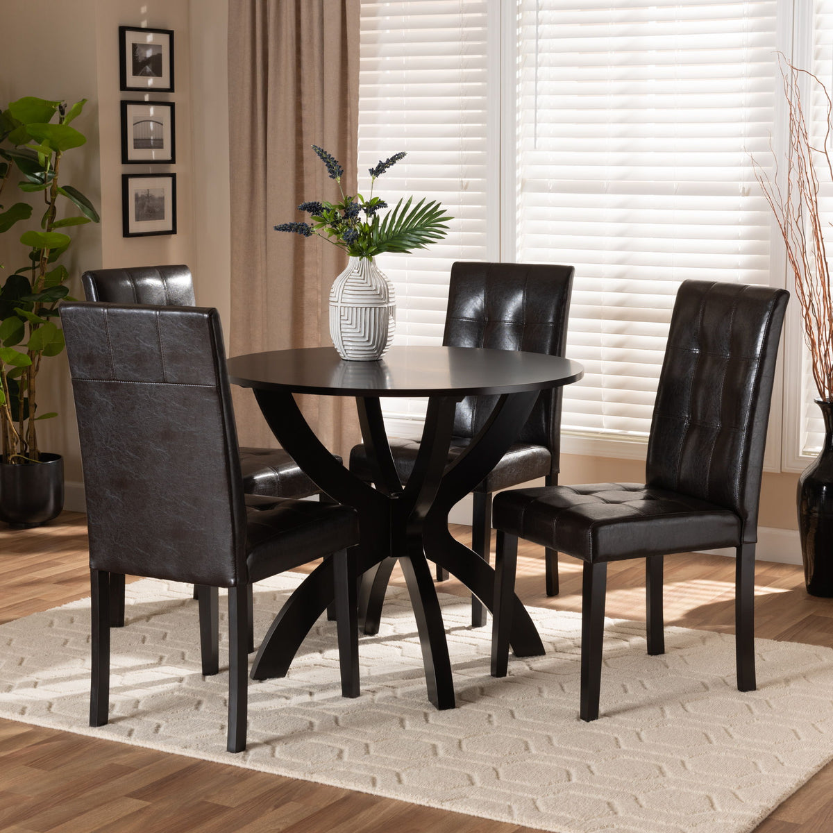 Elira Modern and Contemporary Dark Brown Faux Leather Upholstered and Dark Brown Finished Wood 5-Piece Dining Set