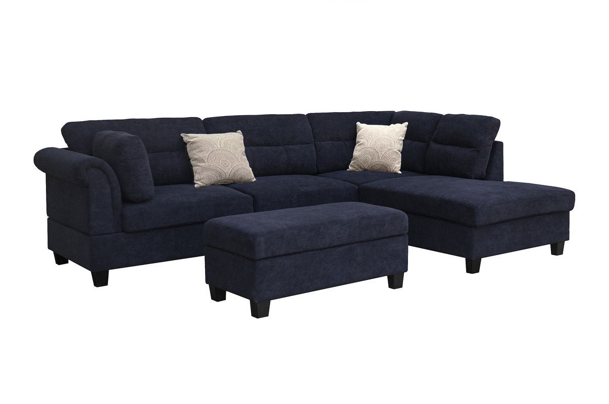 Diego 100"W Black Fabric Sectional Sofa with Right Facing Chaise, Storage Ottoman, and 2 Accent Pillows
