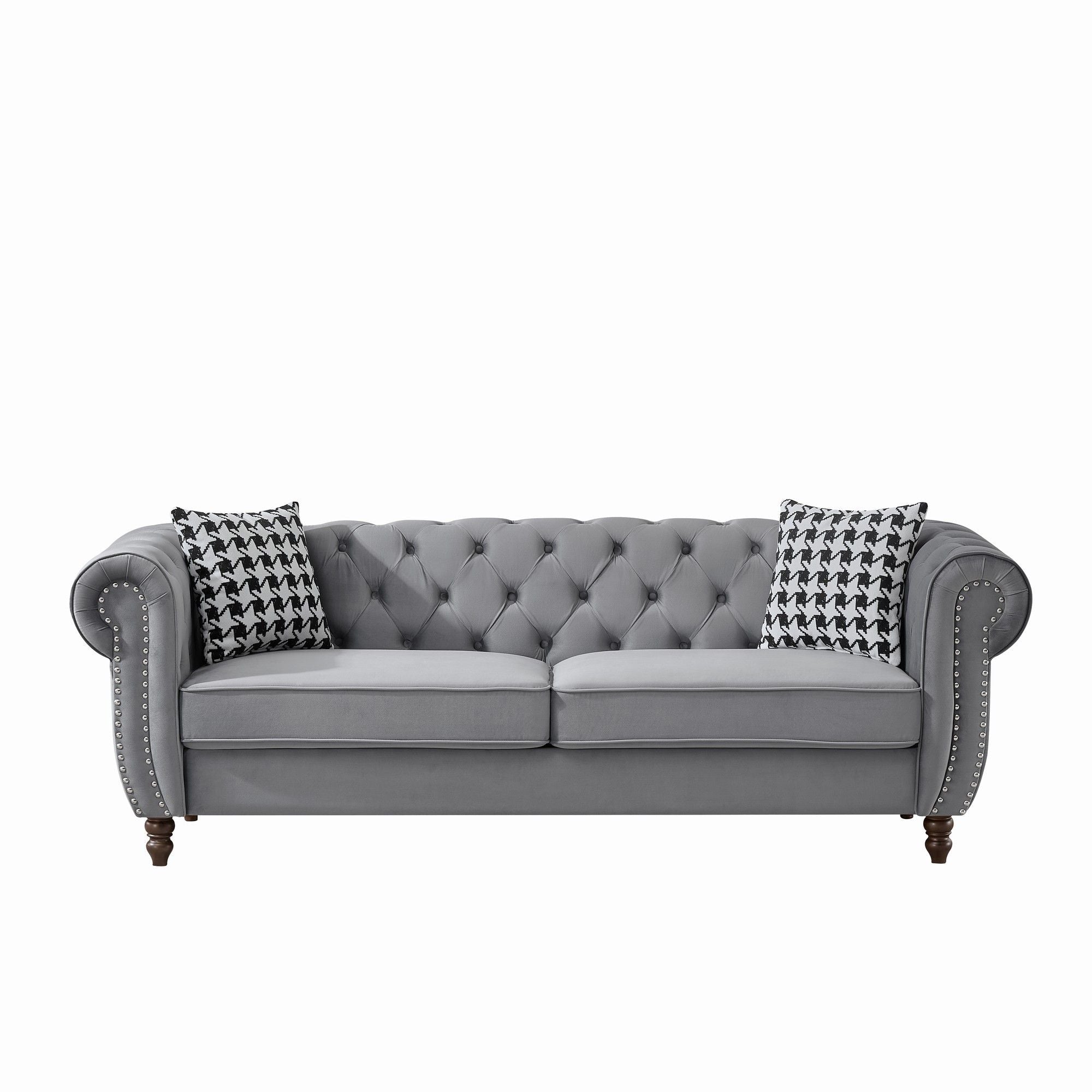 Chesterfield 3 And 2 Seater Velvet Upholstery Sofa With Roll Armrest & Nailhead Fabric Couch