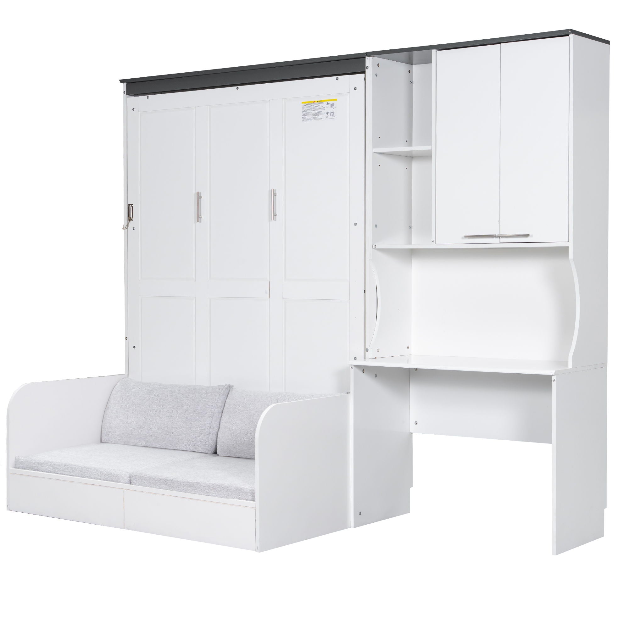 Multi Functional Murphy Bed With Sofa, Desk, And Storage Cabinet In, Full Size - White