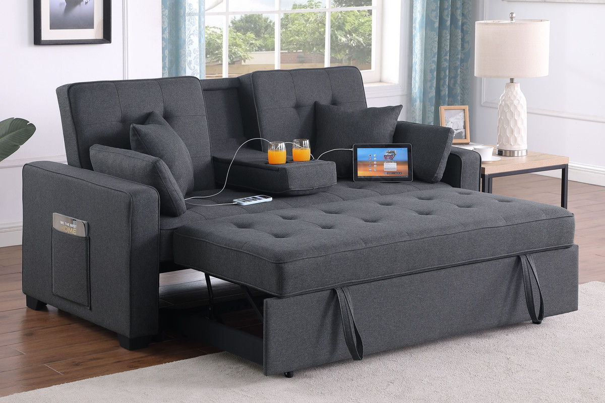 Cody II 70"W Dark Gray Linen Convertible Sleeper Loveseat with Dropdown Console, Cup Holders, Charging Ports, Pocket, and Pocket Coil Seating