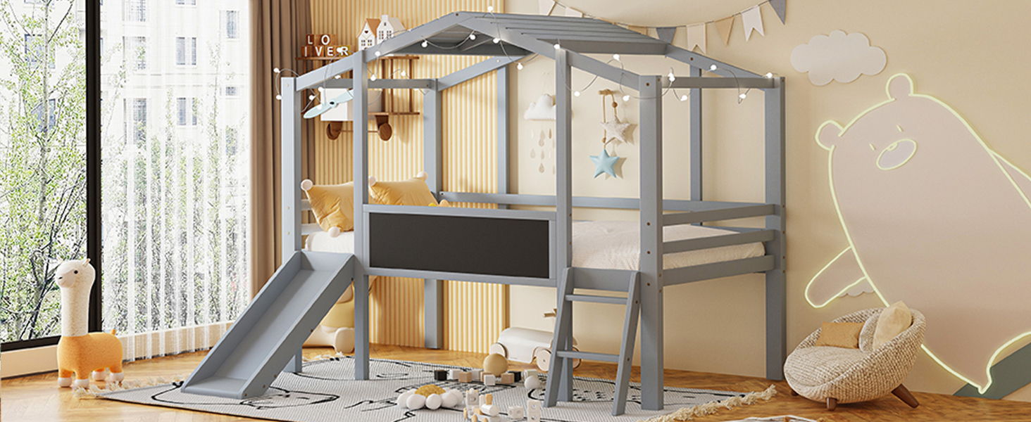 Loft House Bed With Ladder And Slide, With Blackboard And Light Strip On The Roof