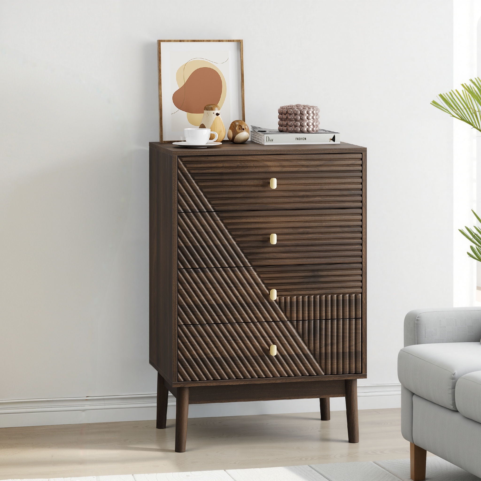 Modern 4 Drawer Dresser Chest For Living Room, Bedroom, Corridor Wooden Storage Cabinet - Walnut