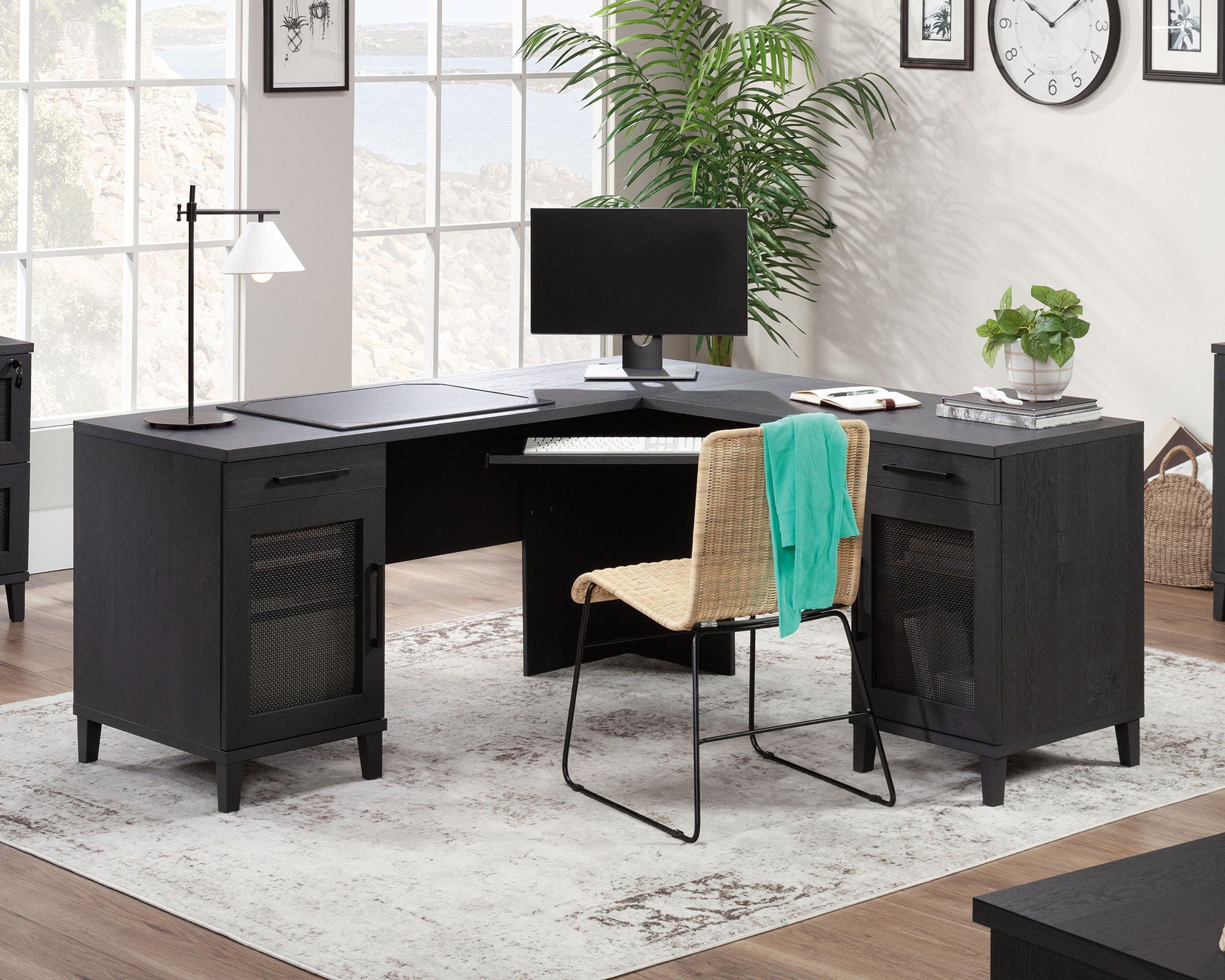 L-Shaped Desk with Drawers in Raven Oak