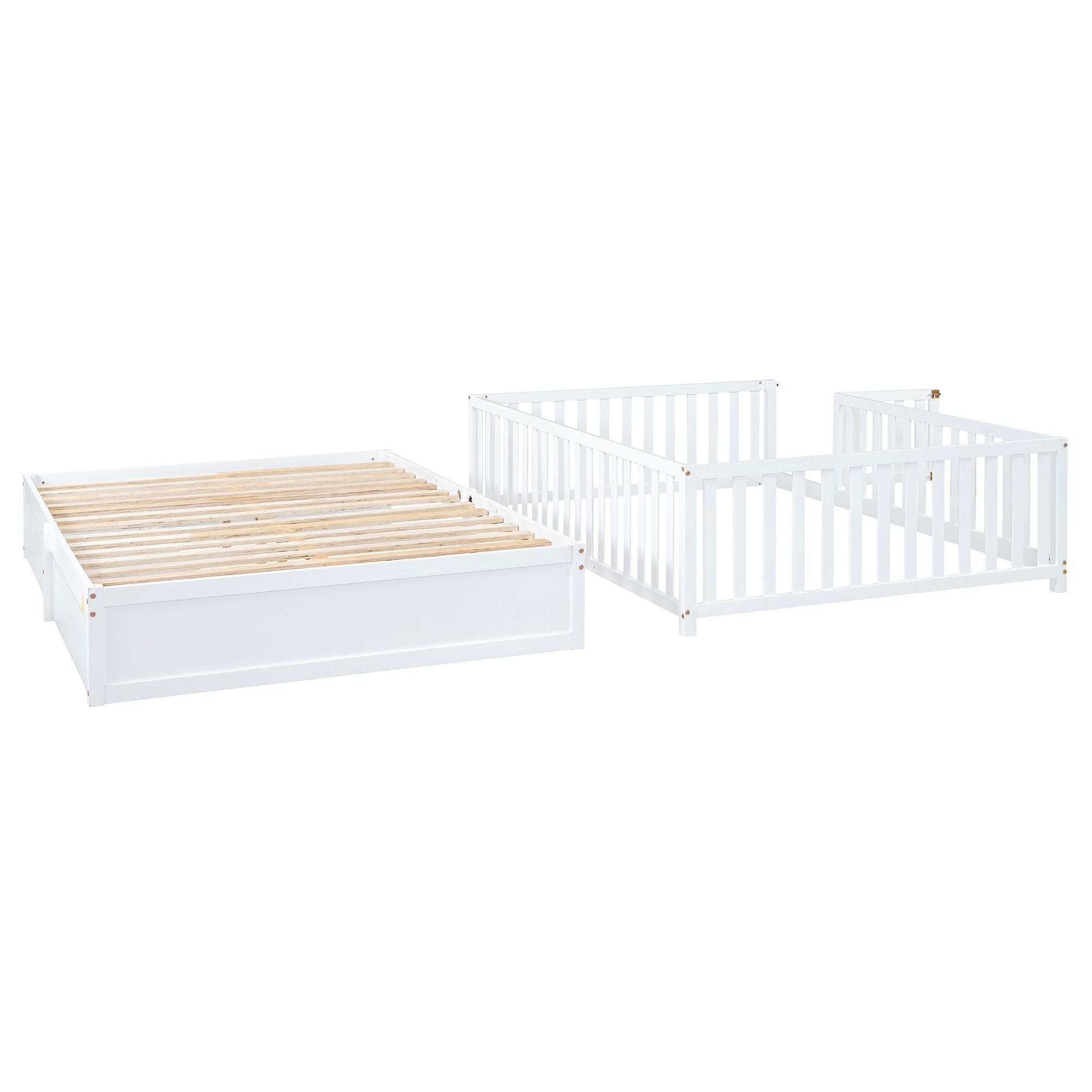 Daybed With Fence Guardrails And 2 Drawers, Split Into Independent Floor Bed & Daybed