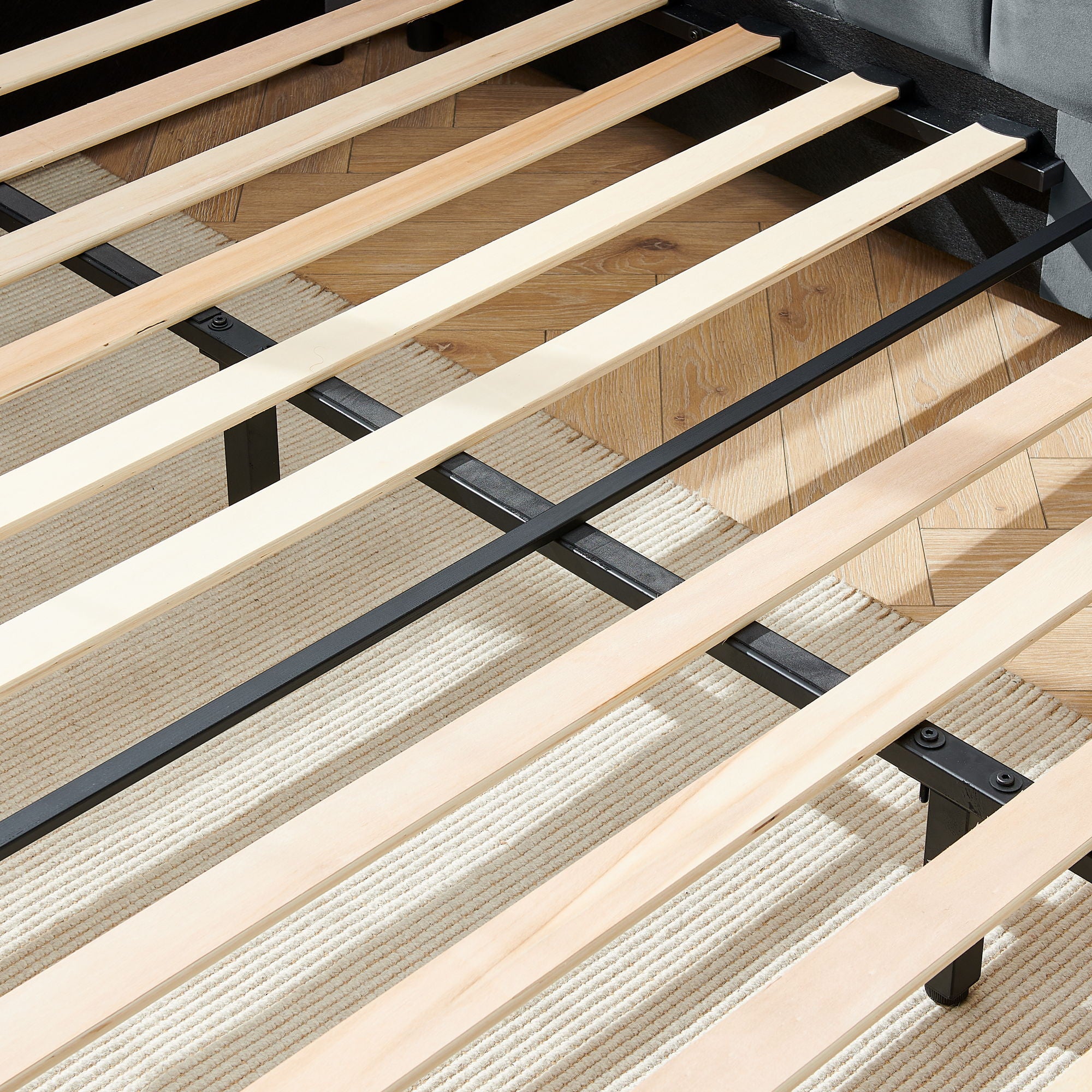 Mid-Century Upholstered Tufted Bed Frame With Backrest And Armrests