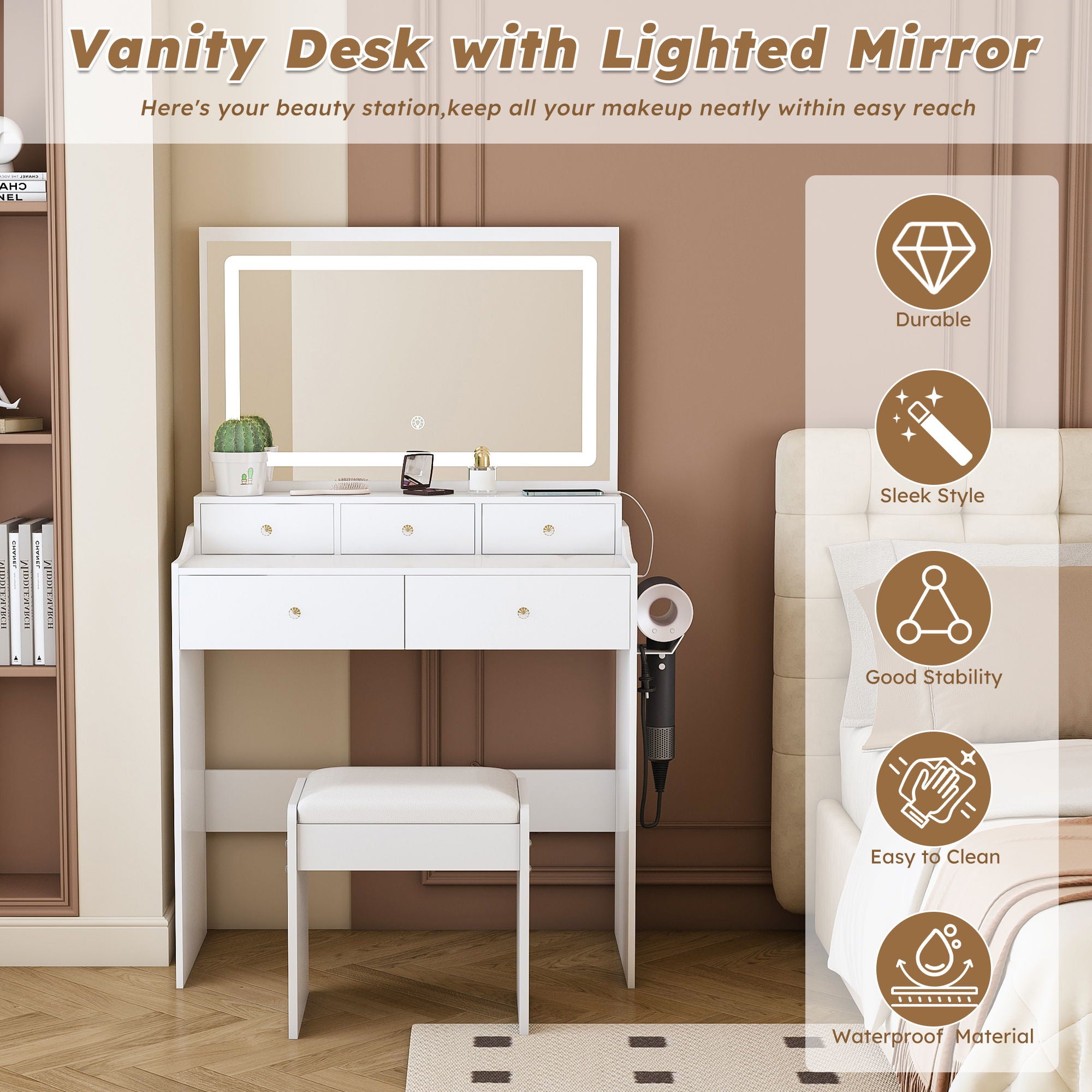 Modern Makeup Vanity Set With Power Outlet, Hair Dryer Holder, And Adjustable Lighting