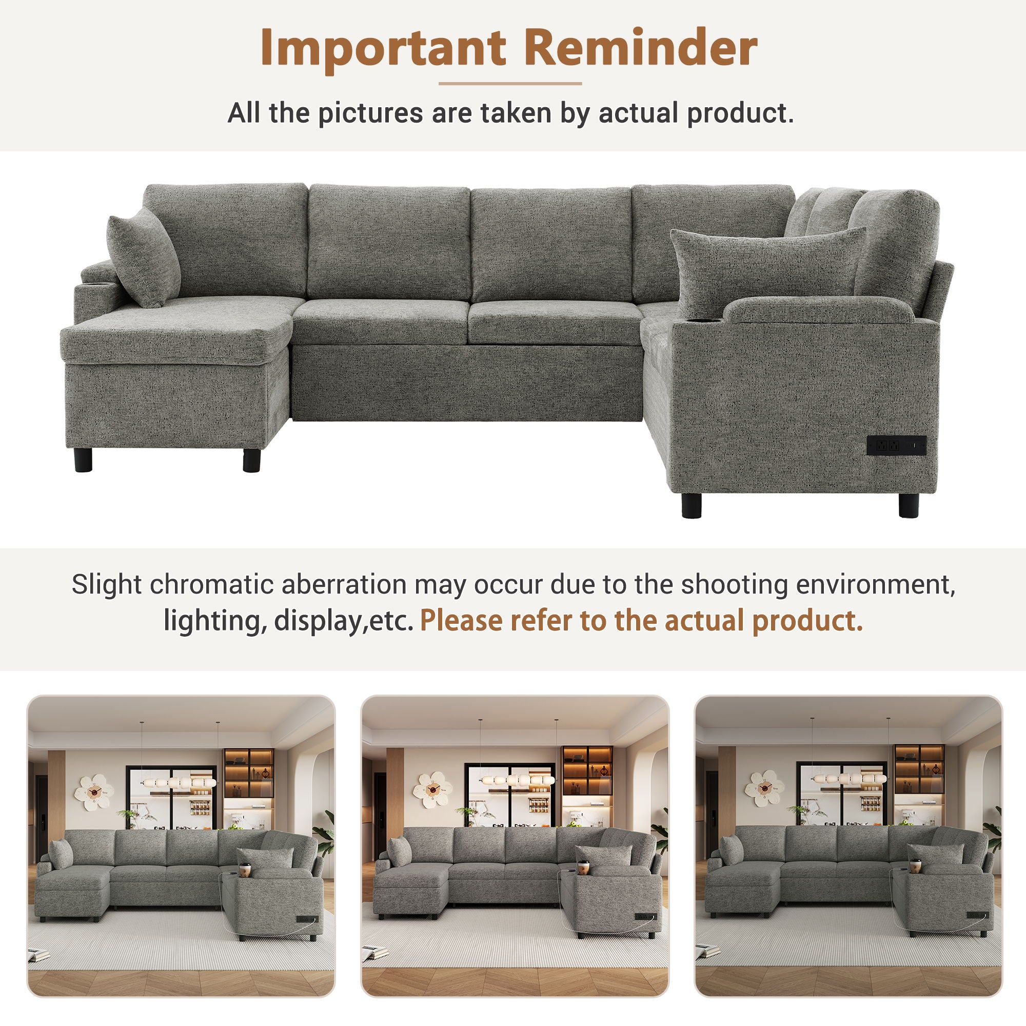 U-Shaped Sectional Sleeper Sofa With Ample Storage Space, 2 Cup Holders And Charging Ports For Living Room