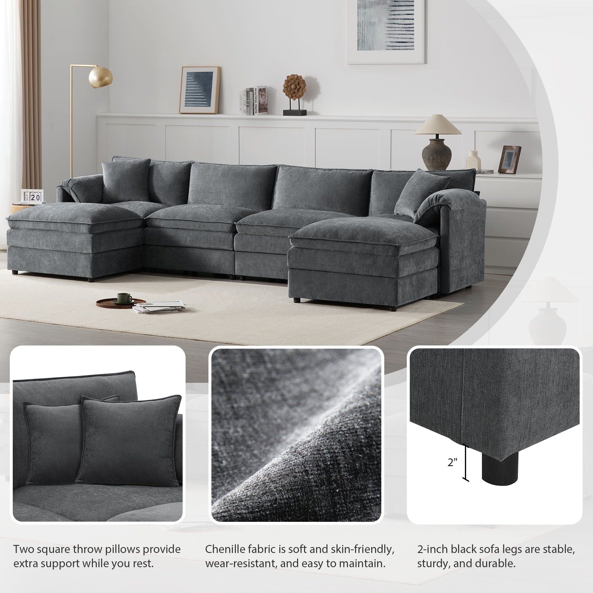 Modular Sectional With Deep And Wide Seat, Cloud Couch Set With Double Cushions Sofa With Movable Ottoman