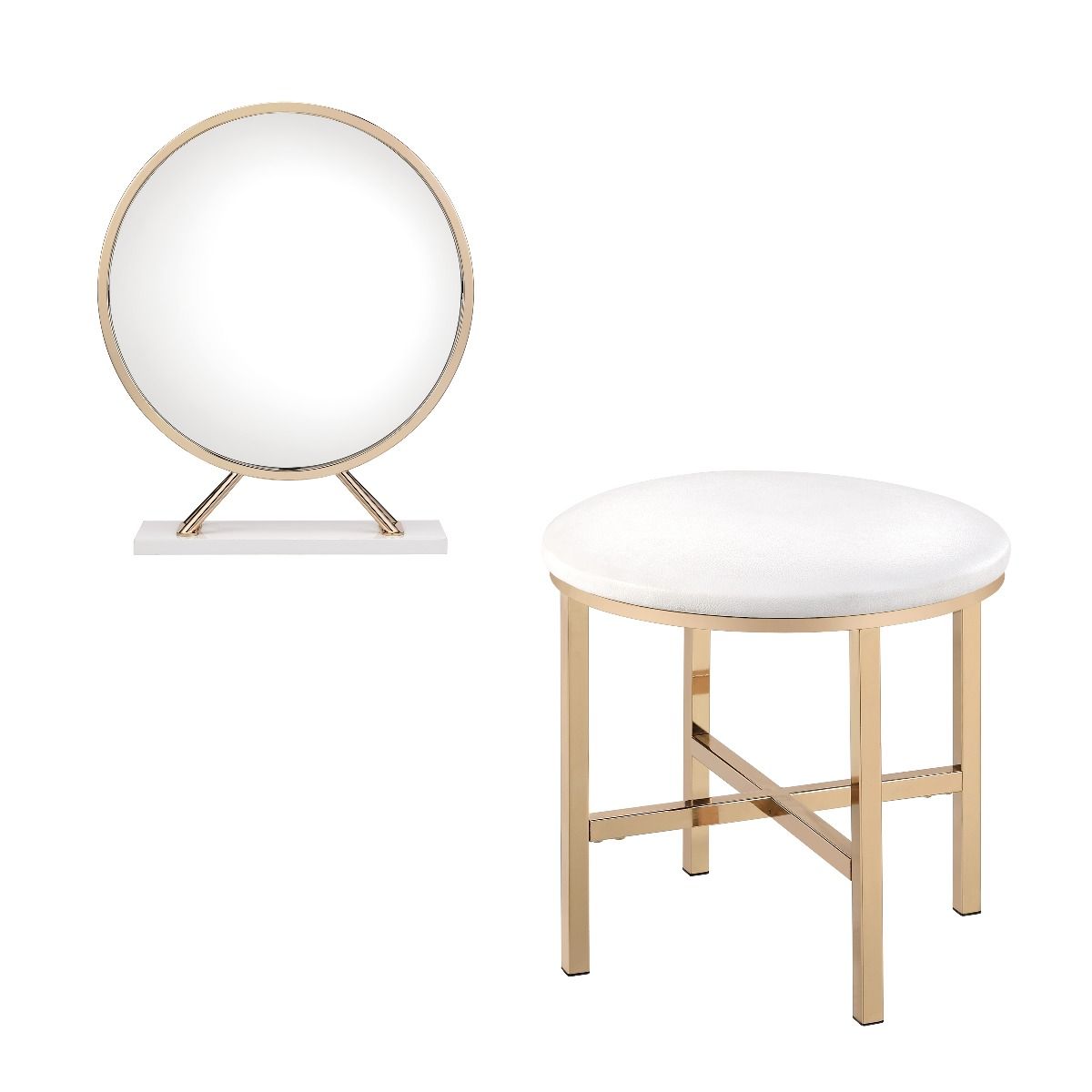 ACME Midriaks - Vanity Mirror & Stool - PU, White & Gold Finish | Meri Furniture