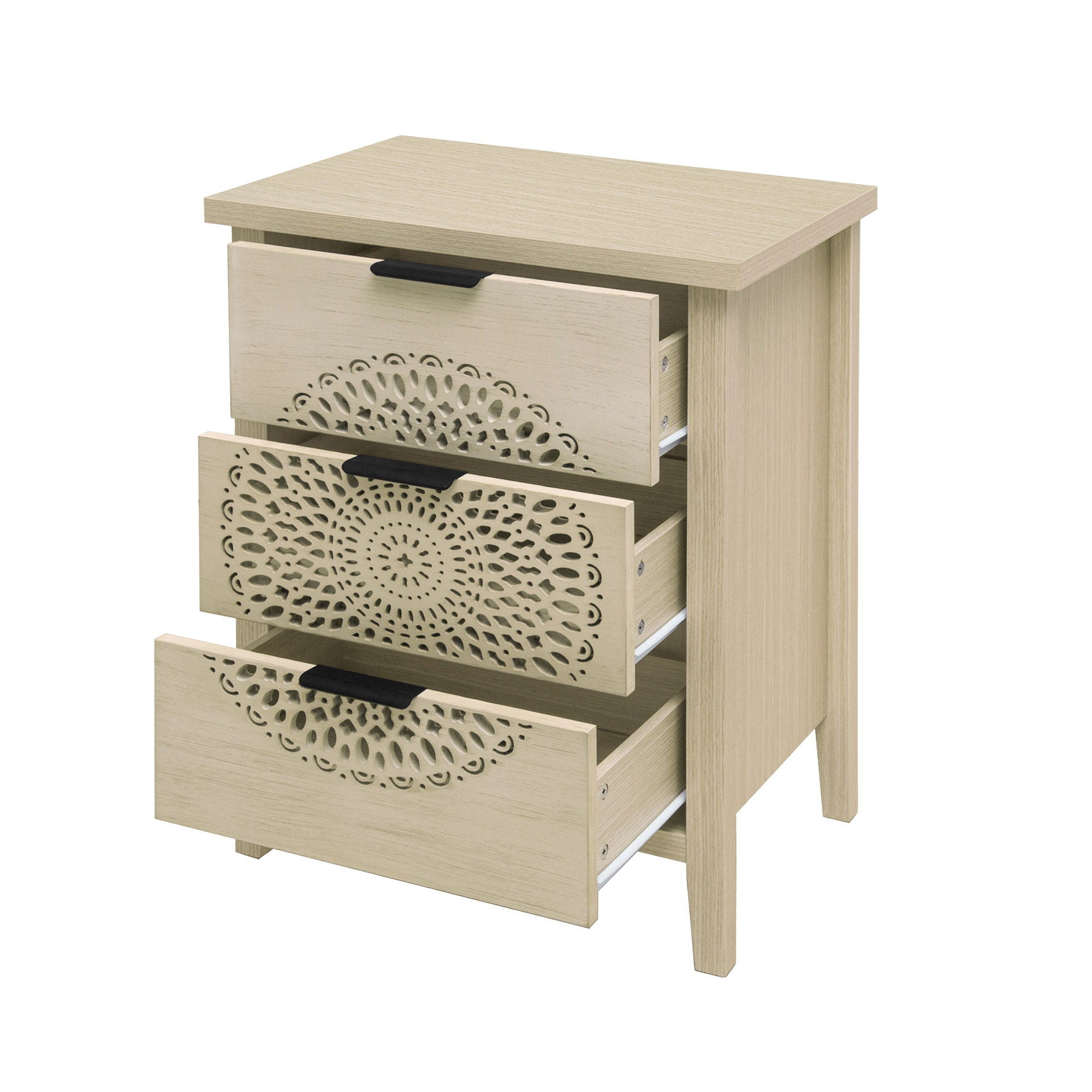 Hollow Carved 3 Drawer Cabinet Dresser Storage Chest With Metal Handles For Living Room Bedroom - Natural