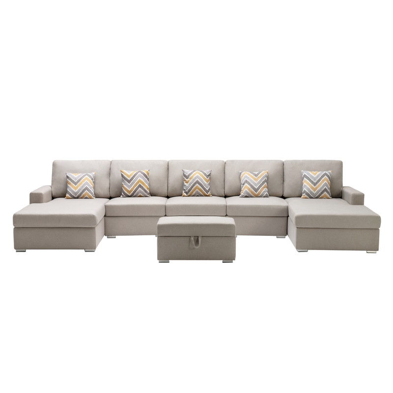 Nolan 152"W Beige Linen Fabric 6Pc Double Chaise Sectional Sofa with Interchangeable Legs, Storage Ottoman, and Pillows