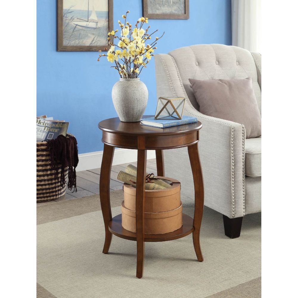 ACME This Alberta side table will be your favorite accent piece with its round top form and stylized legs. Offered in four different colors: Antique White, walnut, red, and teal. One is sure to fit perfect with your style. | Meri Furniture