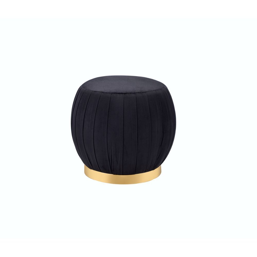 ACME Assembled, Backless Round Ottoman (NO Storage) • Fully Padded Seat: Velvet • Armless • Wooden Inner Frame • Metal Round Base. | Meri Furniture