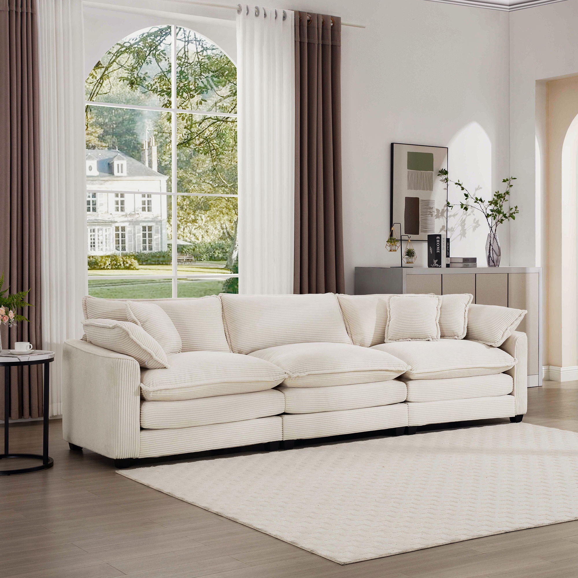 Mid-Century Modern 3 Seater Sectional Sofa With Arm And Throw Pillows