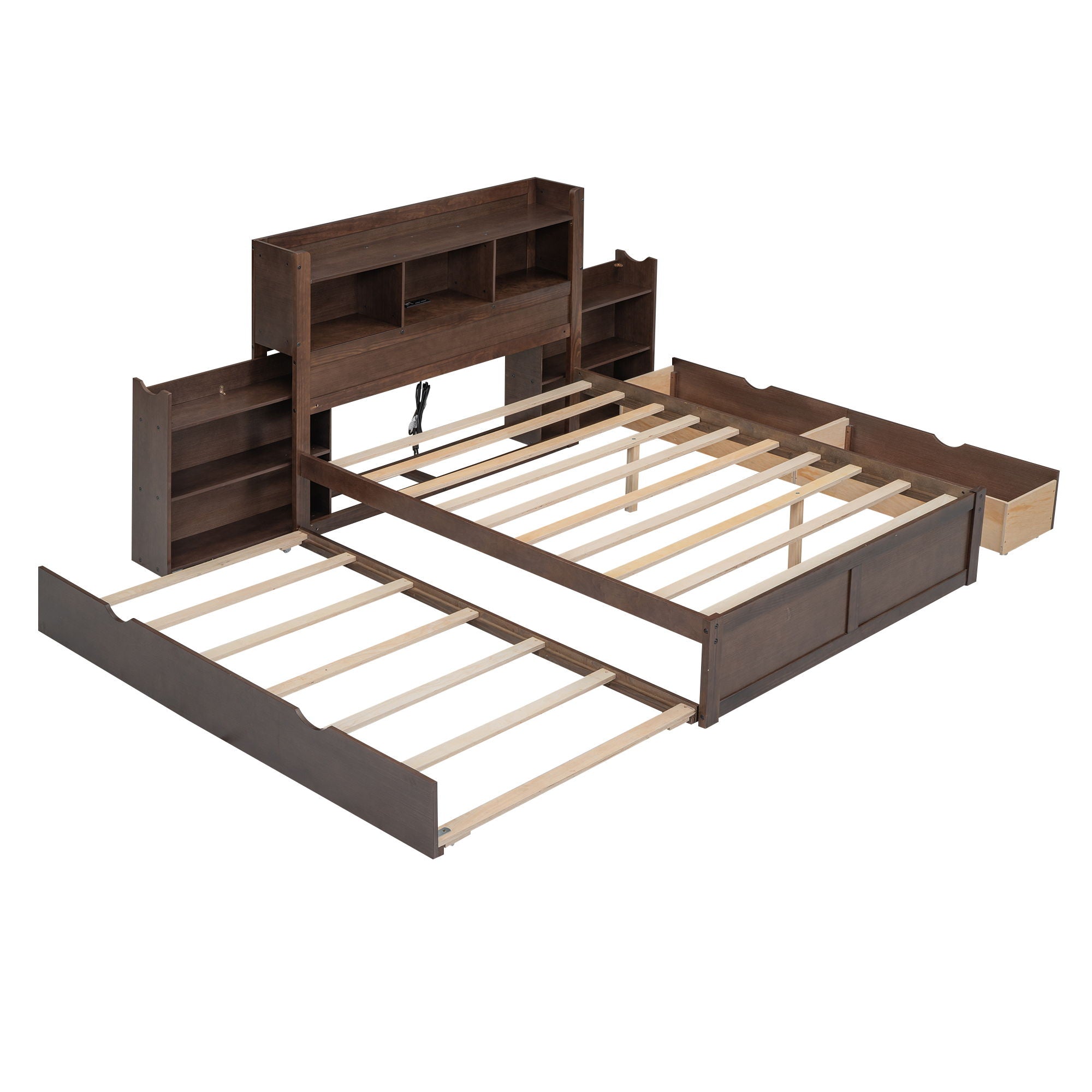 Storage Platform Bed With Pull Out Shelves, Trundle, And 2 Drawers
