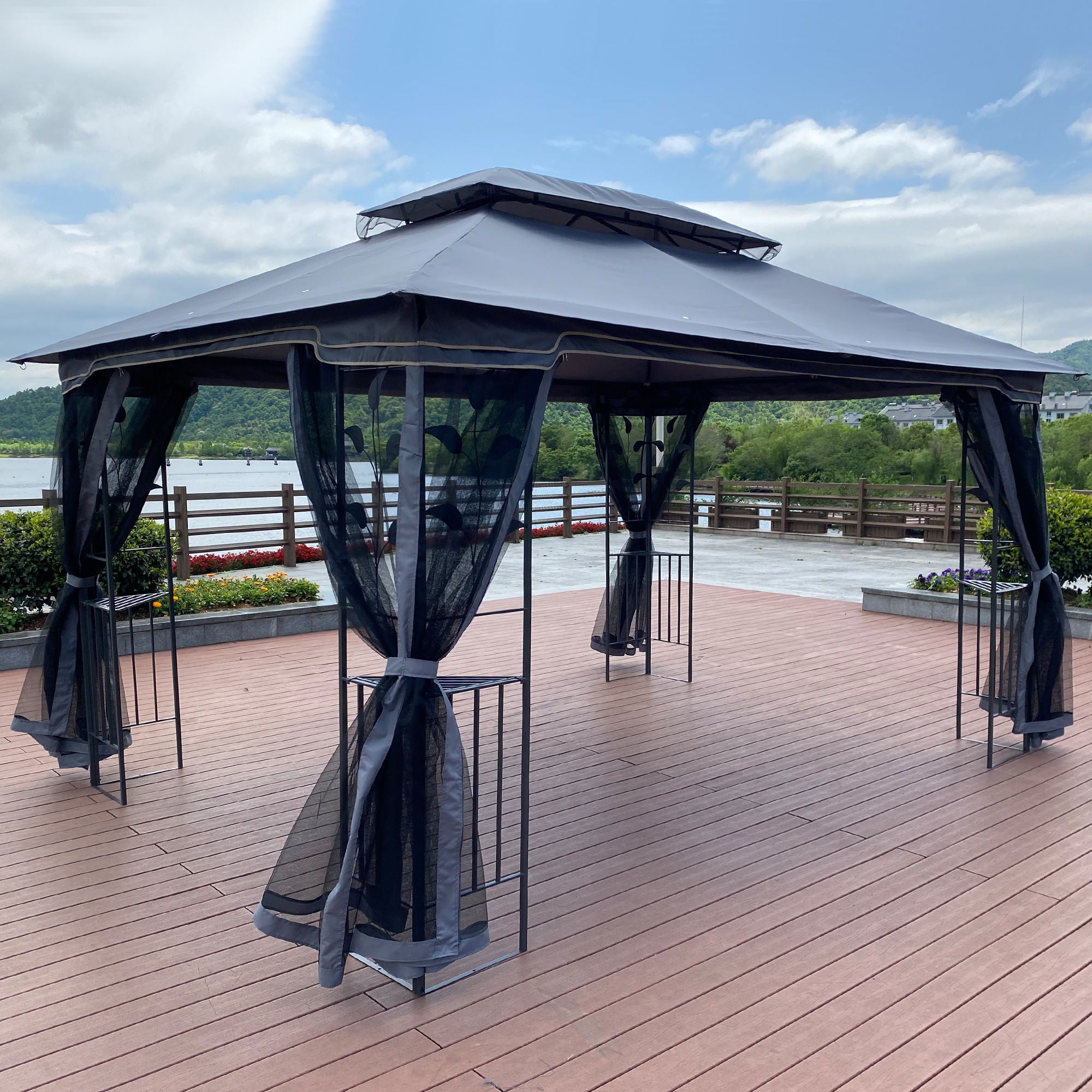 Patio Gazebo Tent With Ventilated Double Roof And Mosquito Net For Backyard Or Garden