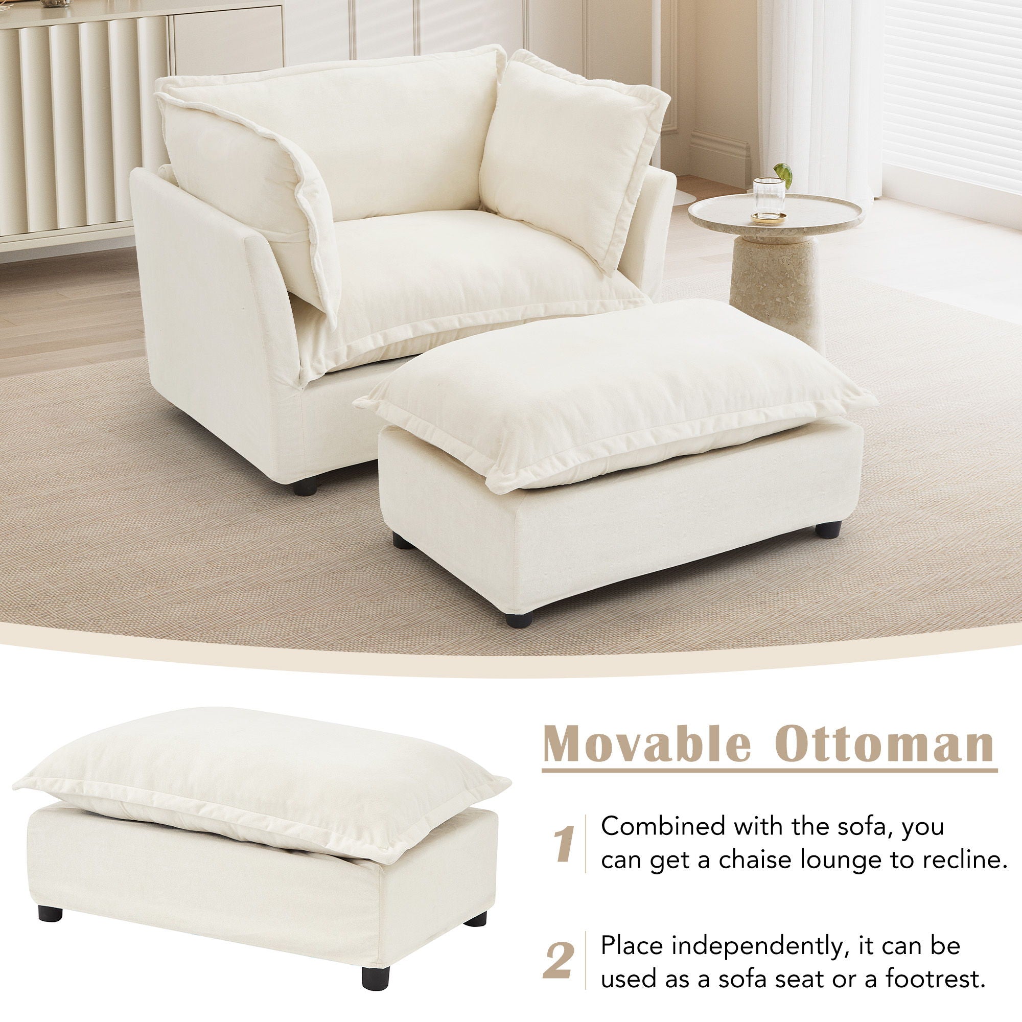 Modern Cozy Upholstered Armchair Sofa With Movable Ottoman