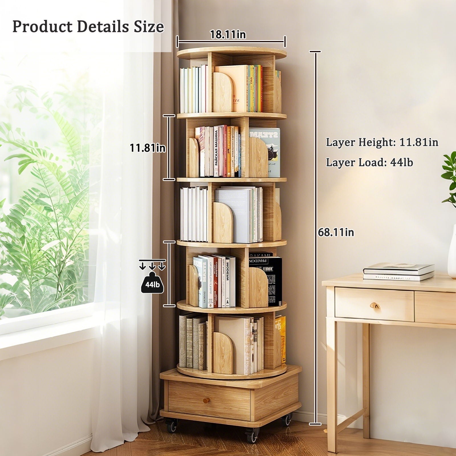 Rotating Bookshelf With Wheels And Drawer, 360° Spinning Design, Space Saving Storage