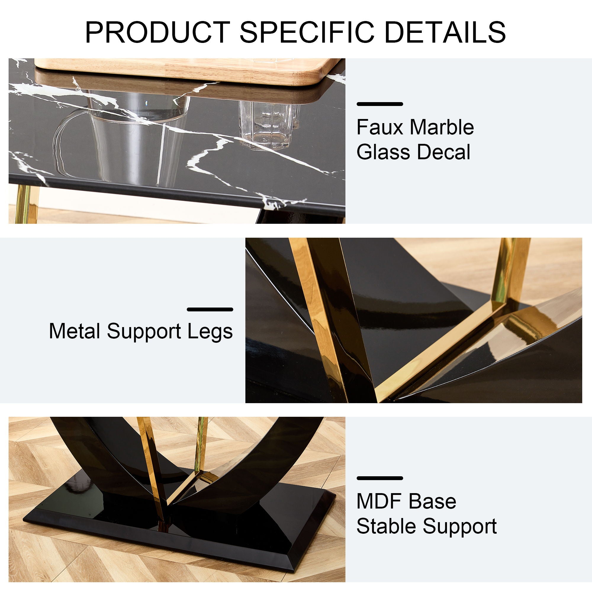 Modern Minimalist Luxurious Imitation Marble Dining Table Rectangular Office Desk With Tempered Glass - Black