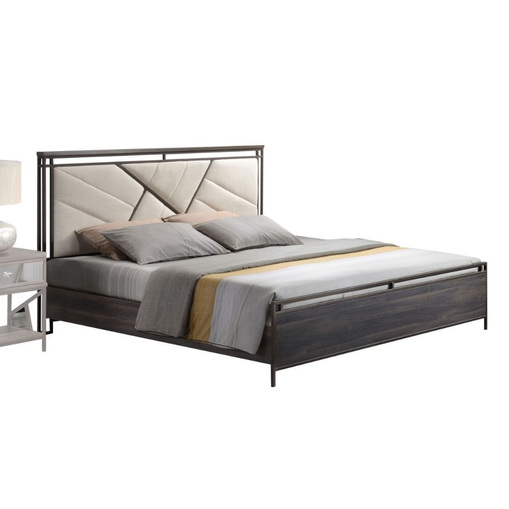 ACME Adrianna - Eastern King Bed - Cream Cotton Fabric & Walnut | Meri Furniture