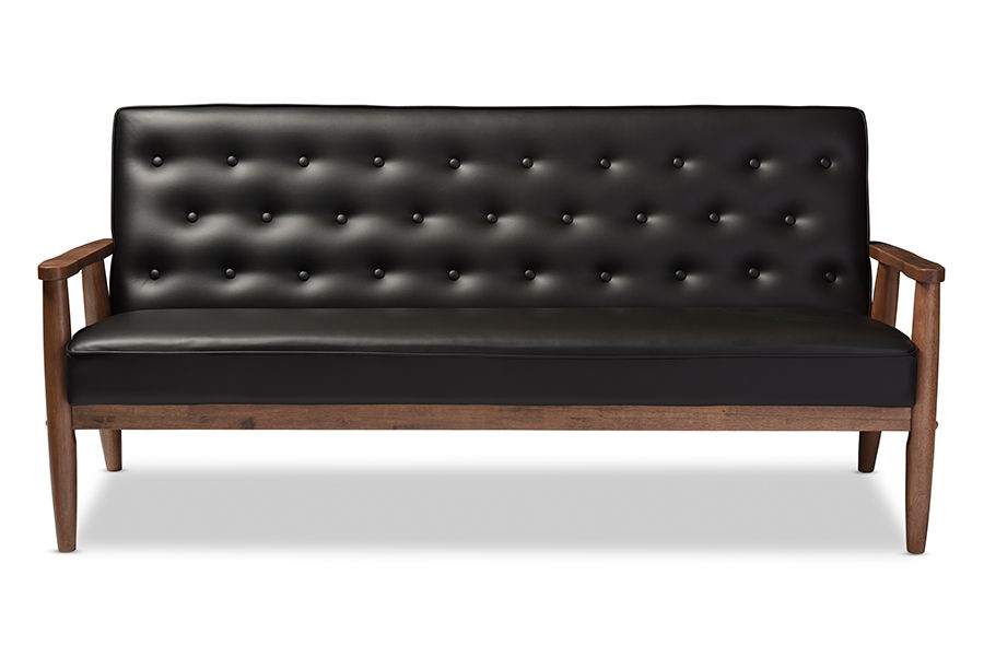 Sorrento Mid-century Retro Modern Black Faux Leather Upholstered Wooden 3-seater Sofa