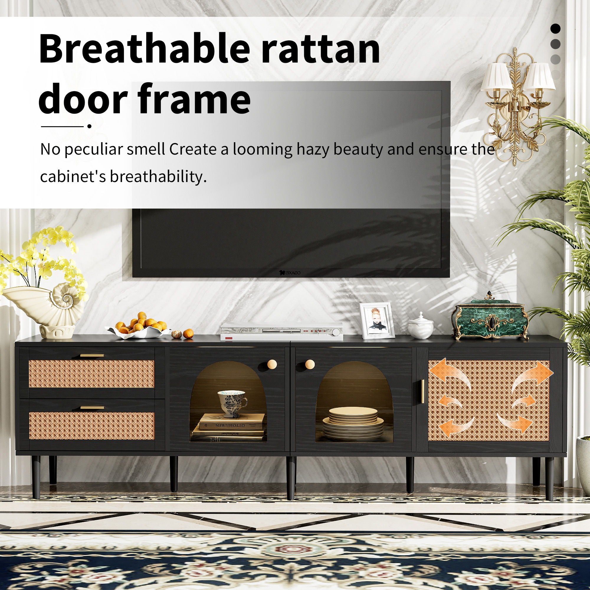 Rattan TV Stand With 3 Cabinets & 2 Drawers, Rattan-Inspired Media Console Table For Tvs Up To 80'', LED Light Entertainment Center, TV Cabinet For Living Room - Black