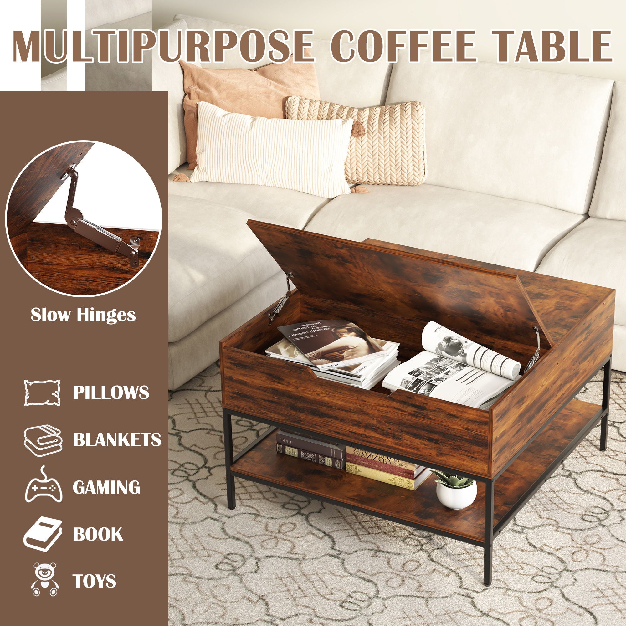 Rustic Flip Top Coffee Table With Hidden Storage - Black / Brown