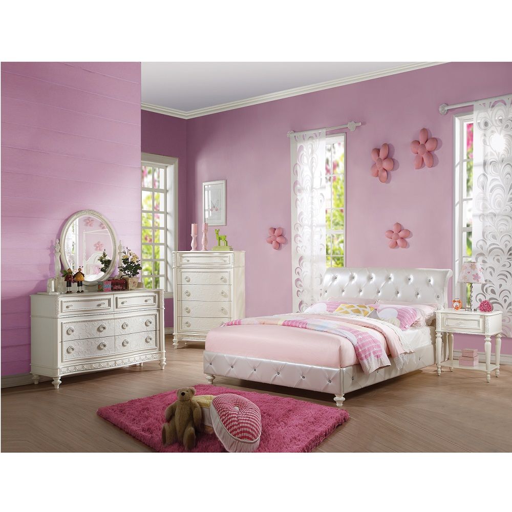 ACME 3 Slats - Box Spring Required Sleigh Bed Fully Padded: Crystal like Button Tufted Low Profile FB Turned Bun Leg | Meri Furniture