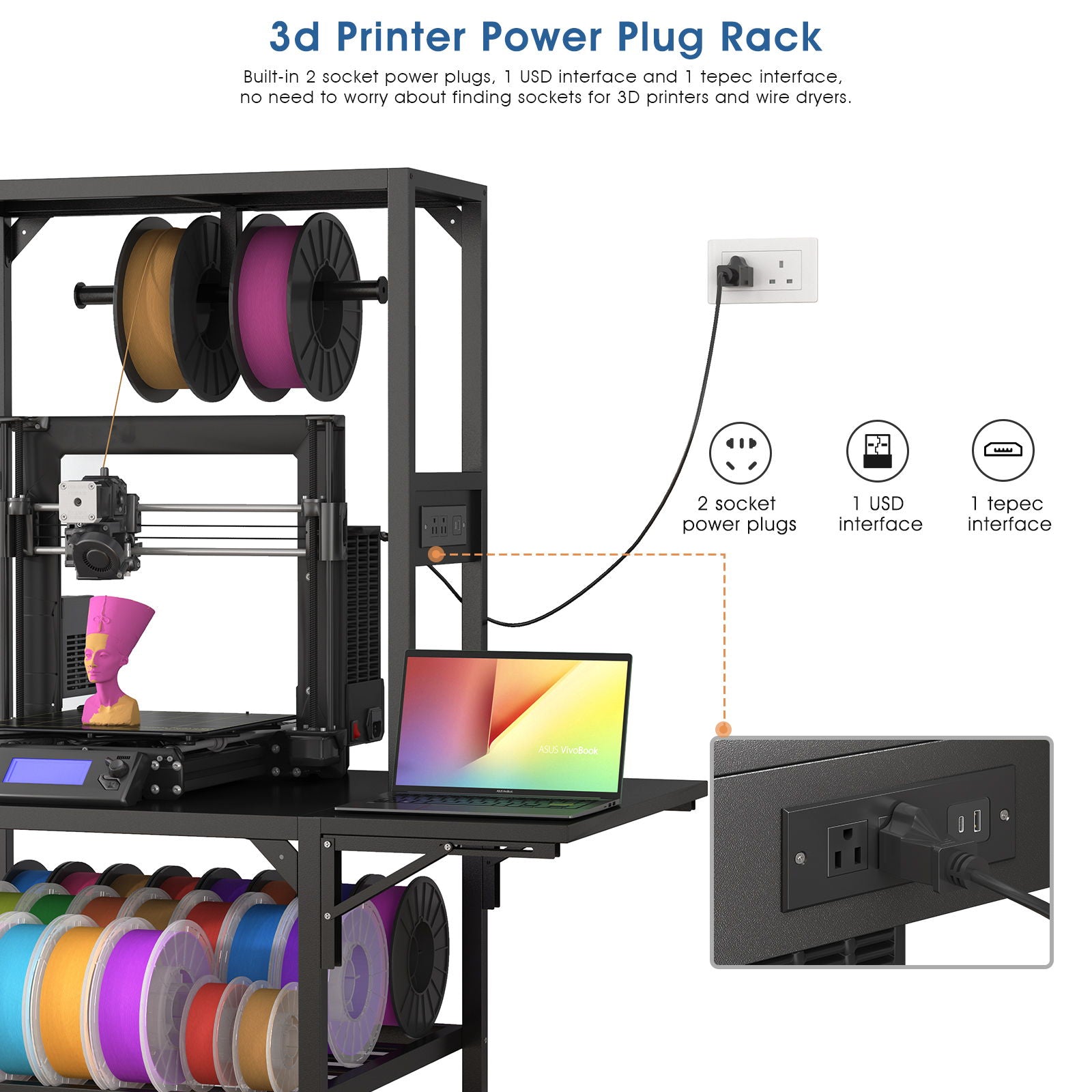 Heavy Duty 3D Printer Stand With Filament Storage Rack - Black